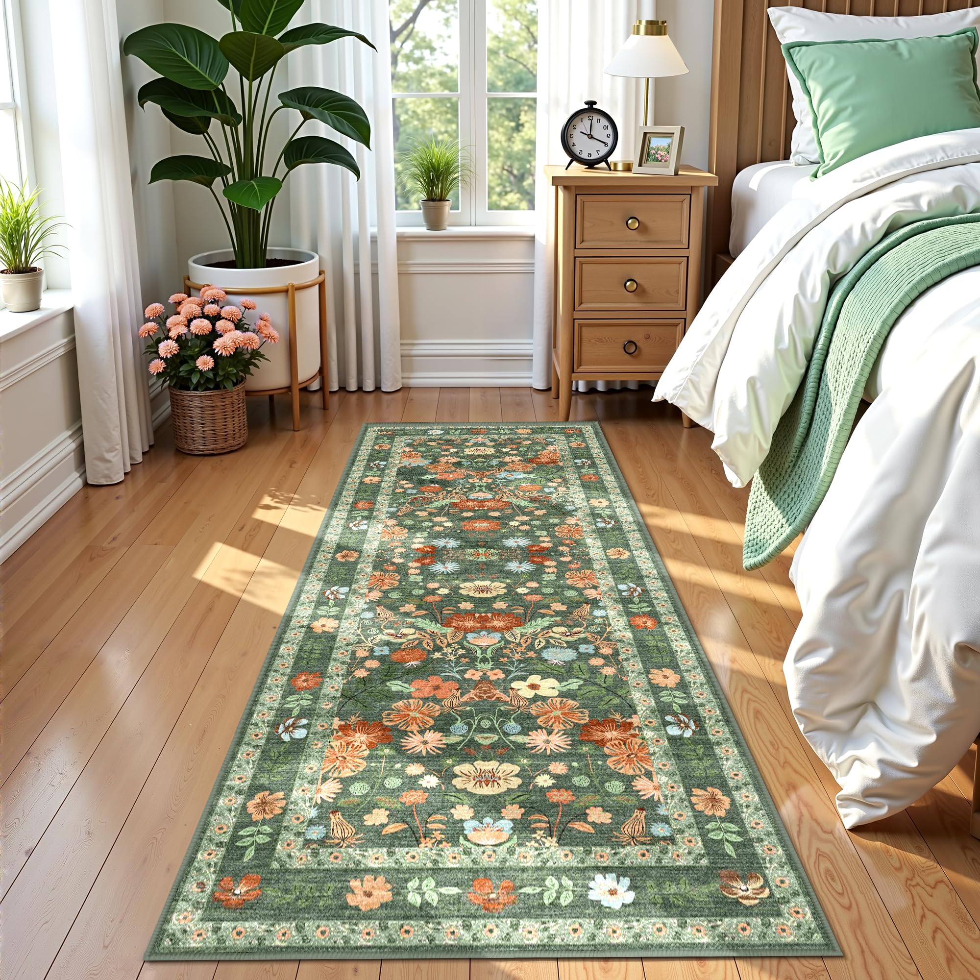 Photo 1 of Deerly Green Floral Runner Rug 2x6 for Hallway Vintage Boho Washable Bathroom Kitchen Bedroom Runner Rugs Non-Slip Soft Low Pile Thin Indoor Carpet for Laundry Room Farmhouse Flower, Green/Multi