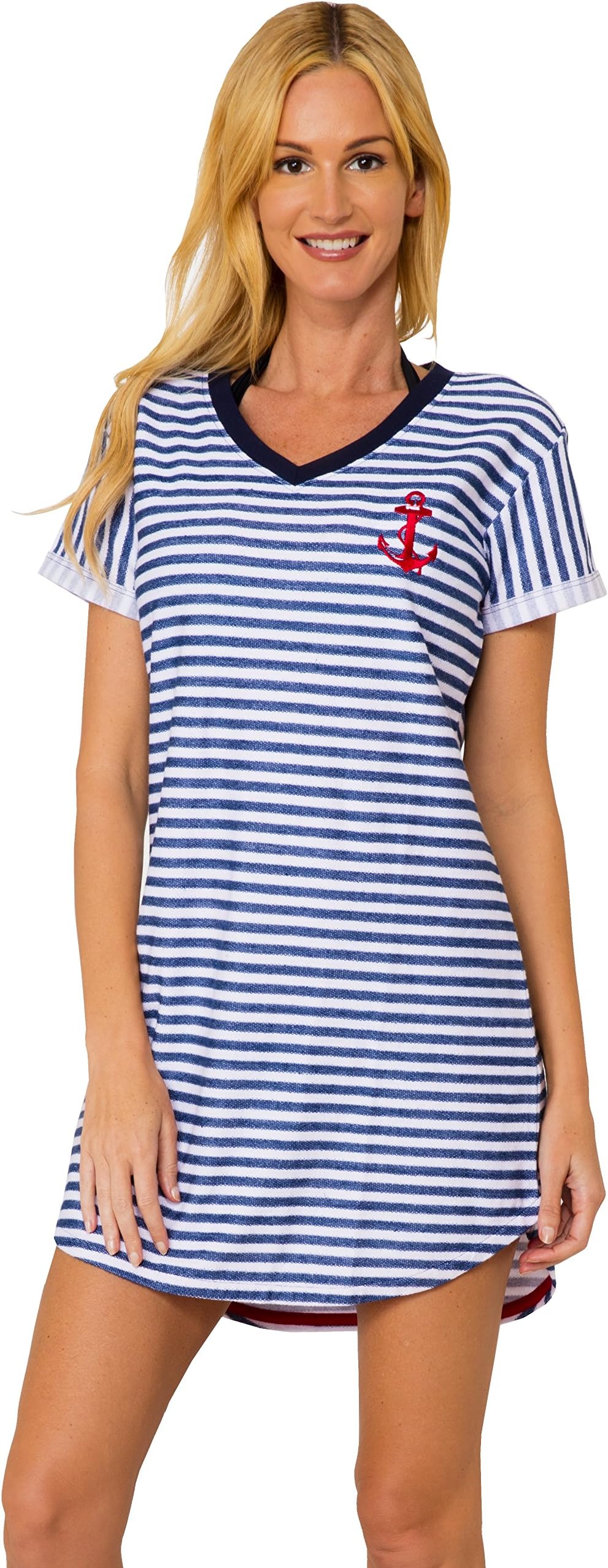 Stripes Dress Casual Beachwear Summer Loose Swing Relaxing Shirt Anchor Sundress