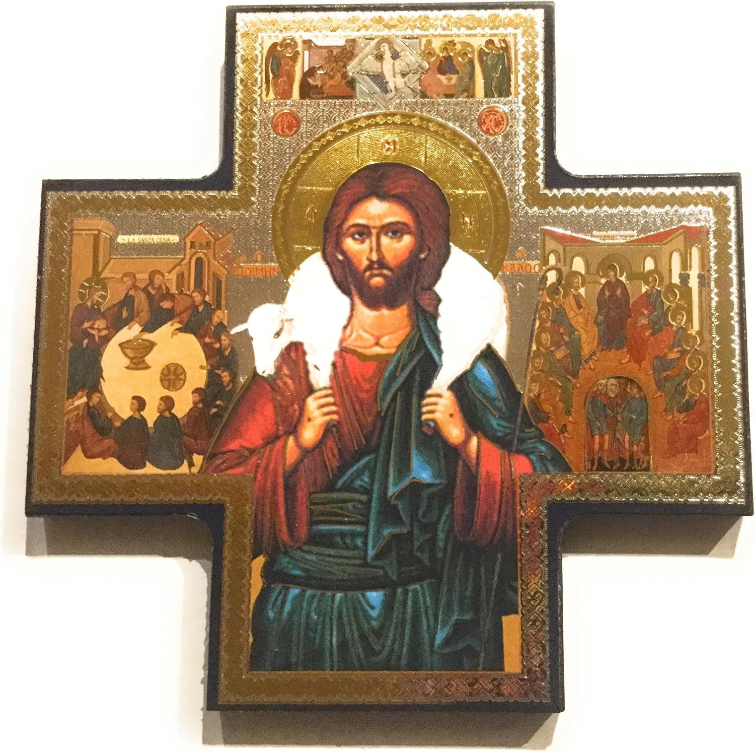 Jesus Good Shepherd Cross Shaped Gold/Silver Metallic Picture Hanging Icon Style 6" x 6" Religious Gift, Gold,silver, 15cm x 15cm