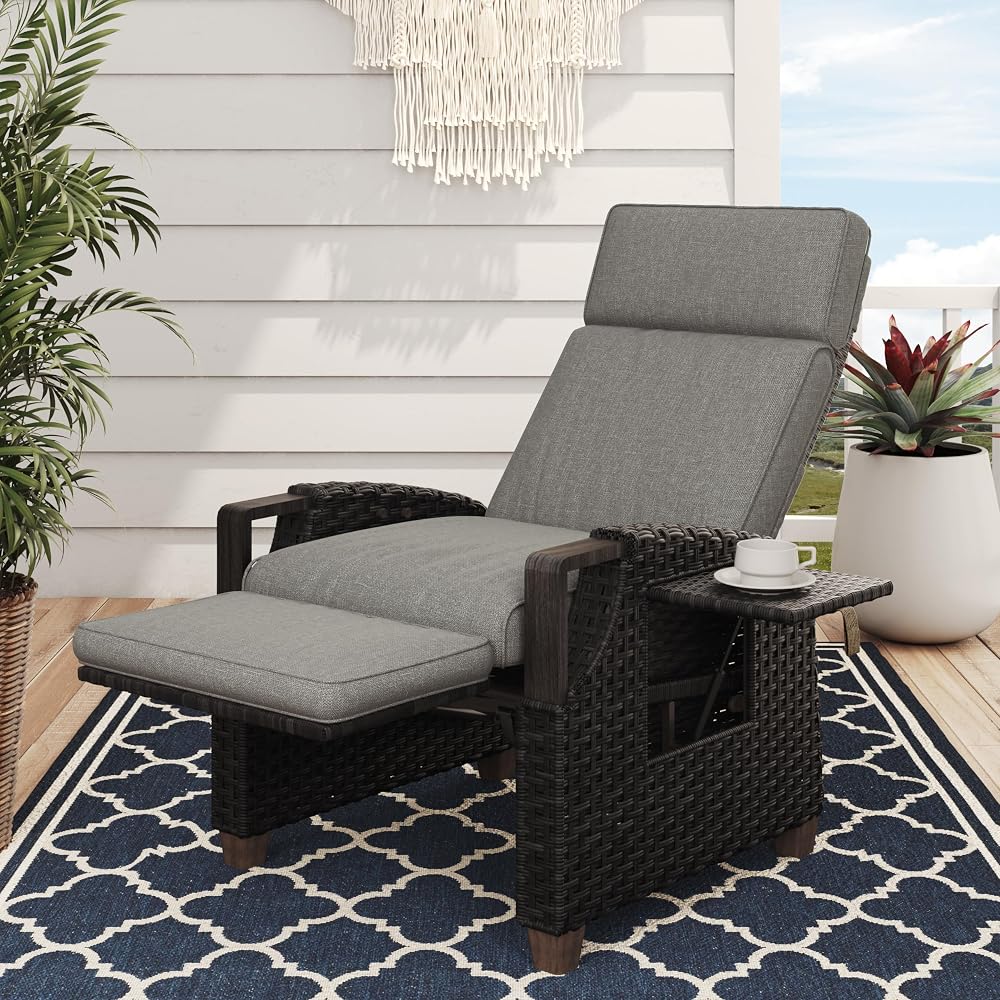 Grand patio Recliner Sun Lounger with Adjustable Backrest and Flip Table Dark