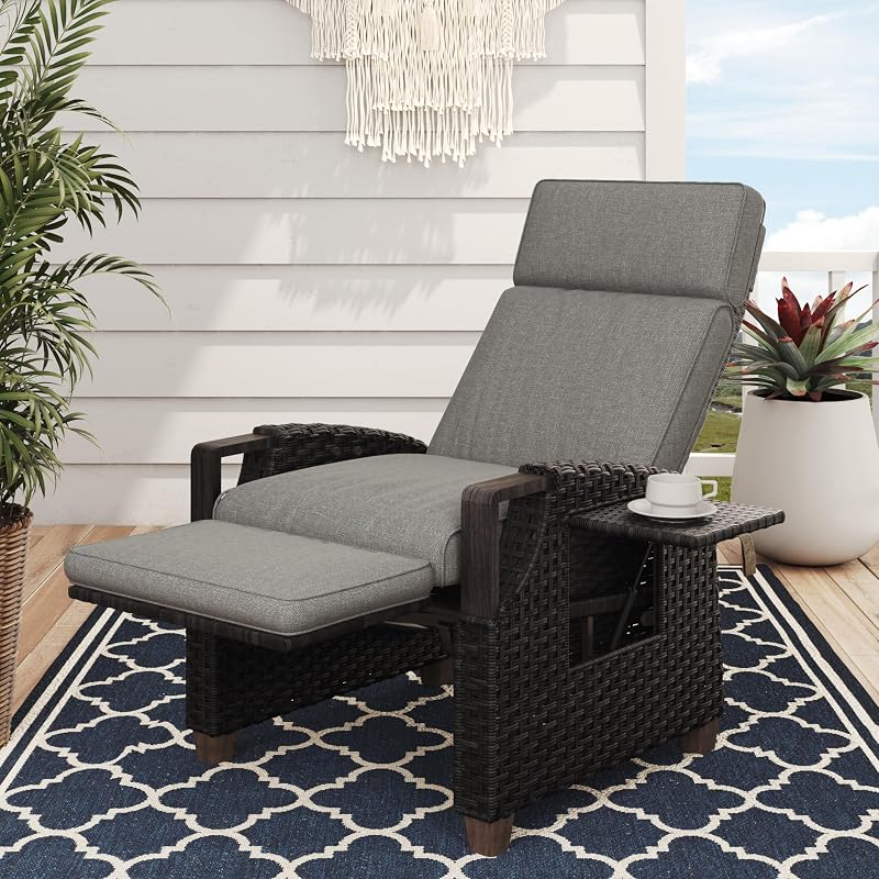 Grand patio Recliner Sun Lounger with Adjustable Backrest and Flip Table Dark