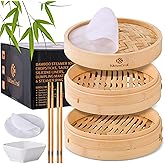KITCHENCRUST Bamboo Steamer Basket for Chinese Asian Cuisine - 2 Tier 10-Inch Steaming Basket Bun Vegetable Bao Buns, Sauce Dish, Chopsticks, Reusable Liners