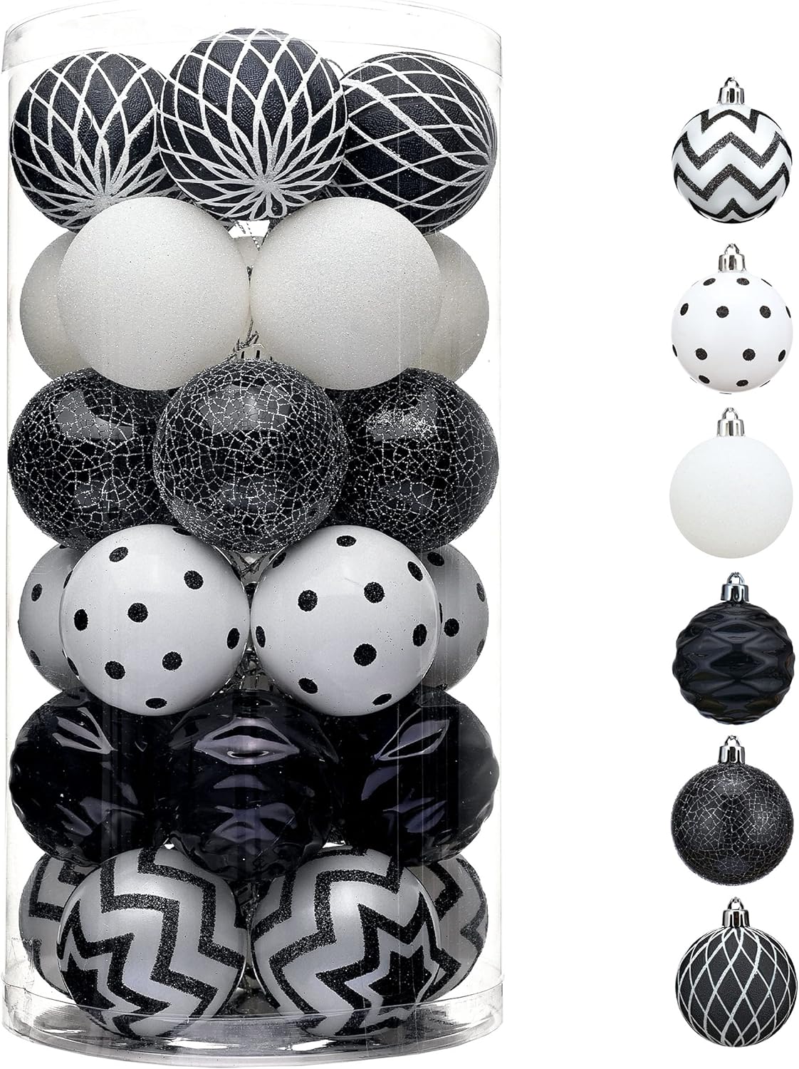 Ornaments - Valery Madelyn Christmas Halloween Tree Ornaments, 30ct Black and White Shatterproof Christmas Balls Decoration Set, 2.36 Inches Modern Hanging Tree Ornament Bulk for Xmas Holiday Party Decor