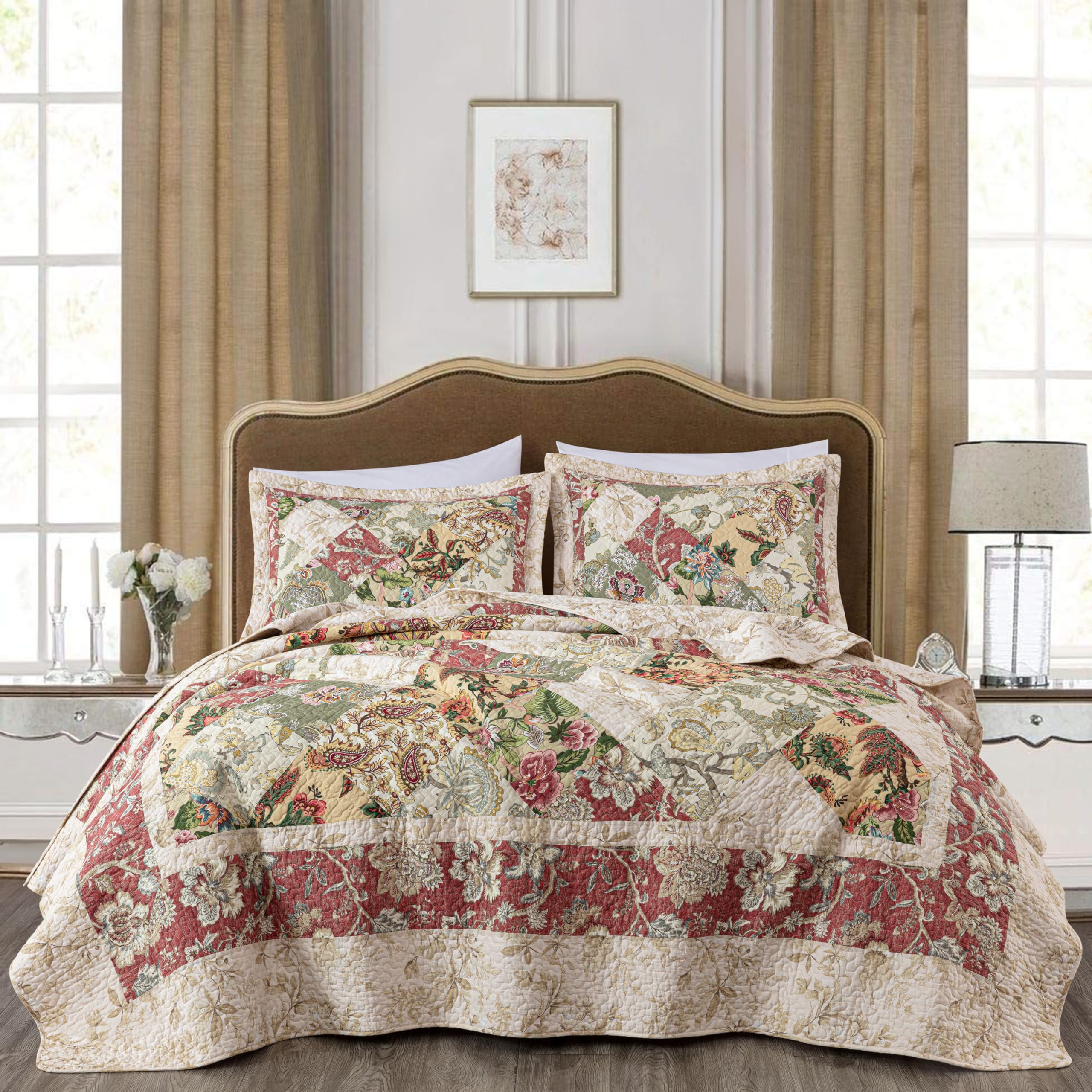 Photo 1 of Chezmoi Collection Lunaria 3-Piece Washed Patchwork Cotton Quilt Set - Soft Lightweight Breathable Reversible Floral Quilted Bedspread for All Seasons. King Size