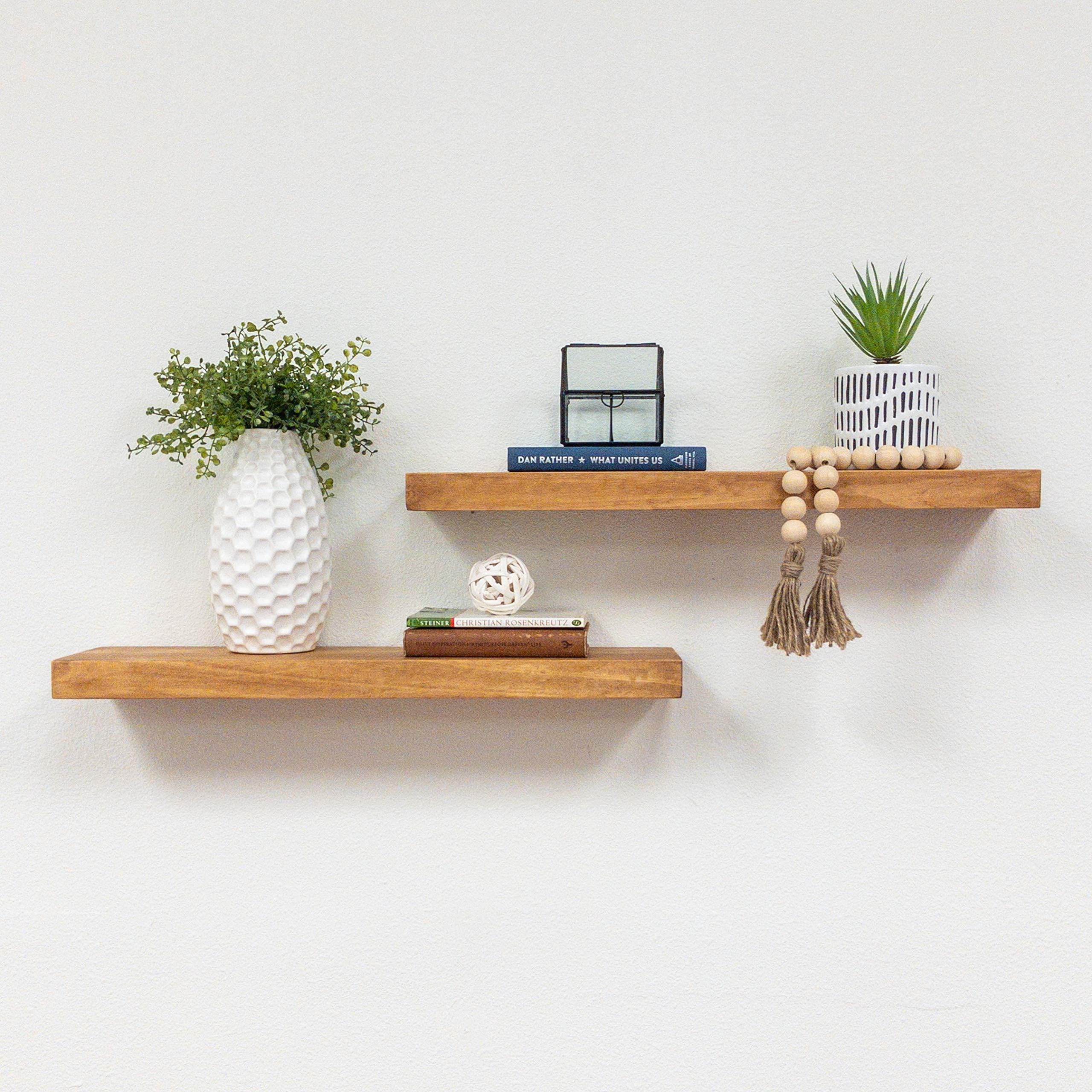 Del Hutson Designs Floating 24 Inch Rustic Pine Solid Wooden Shelves, Walnut