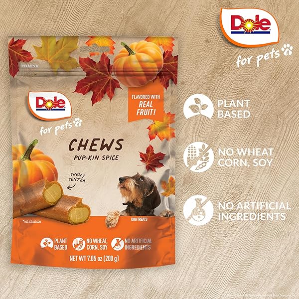 DOLE FOR PETS DOG CHEWS, PUP-KIN SPICE FLAVOR DOG TREATS – PUMPKIN FLAVORED WITH REAL FRUITS, NO WHEAT, CORN, SOY, ARTIFICIAL FLAVORS, COLORS, OR PRESERVATIVES, 7.5 OUNCE