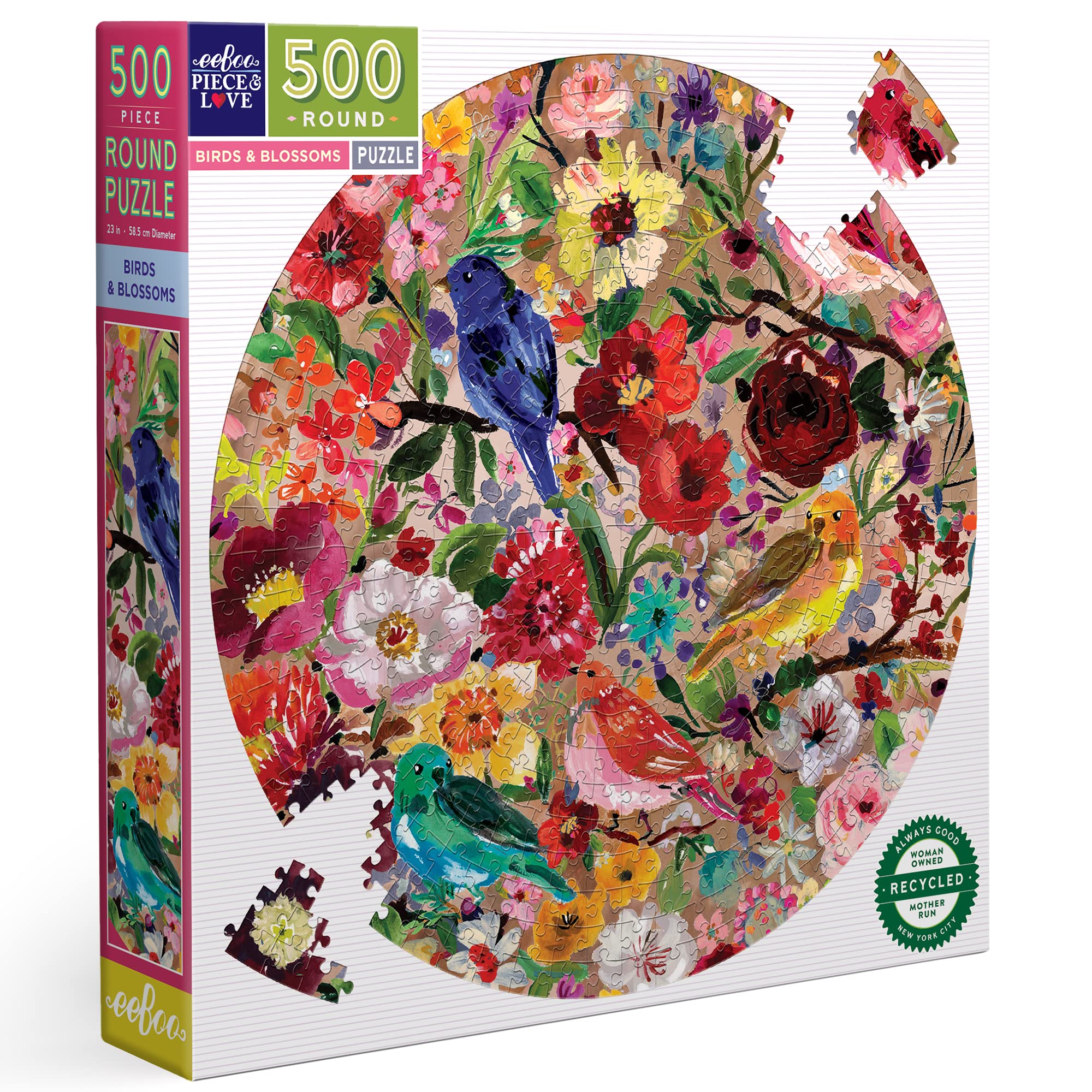 eeBoo - PZFBBL 500-Piece Round Garden Puzzle - Birds & Flowers,