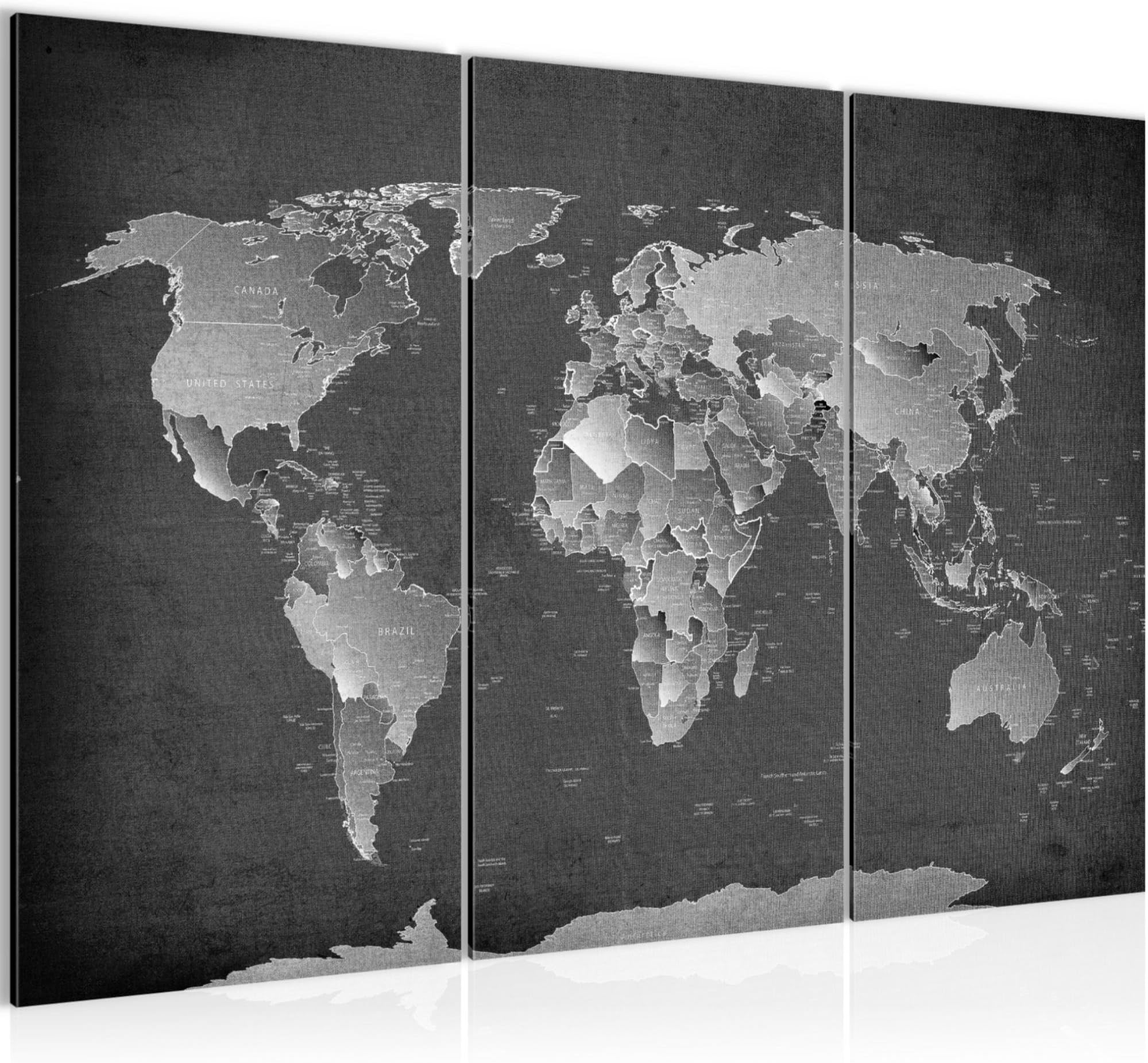 Runa Art Map Of The World Pictures XXL Living Room Black-and-White Map 120 X 80 cm 3 Pieces Wall Art 107631b