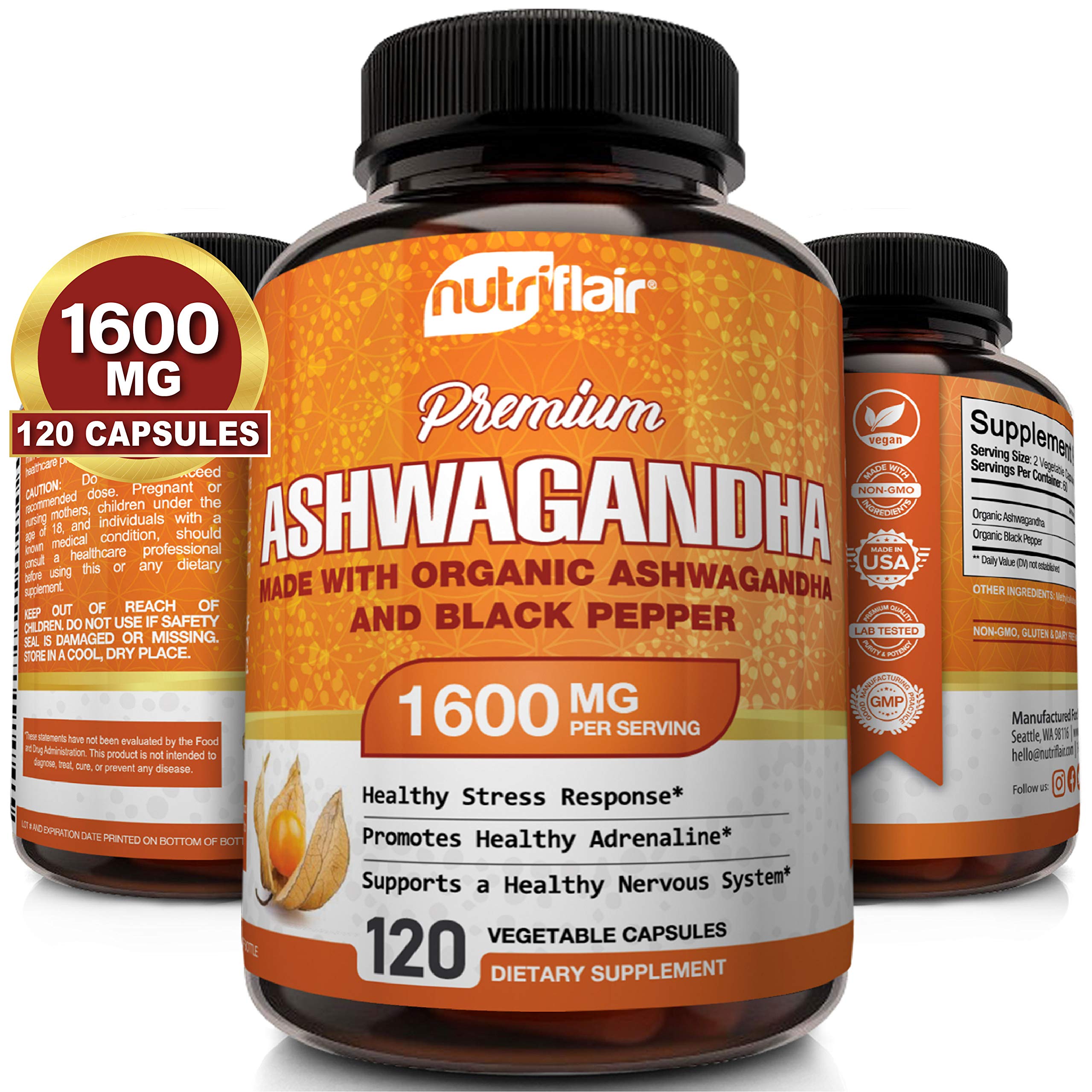 NutriFlair Ashwagandha Capsules 1600mg, 120 Vegan Pills (Made with