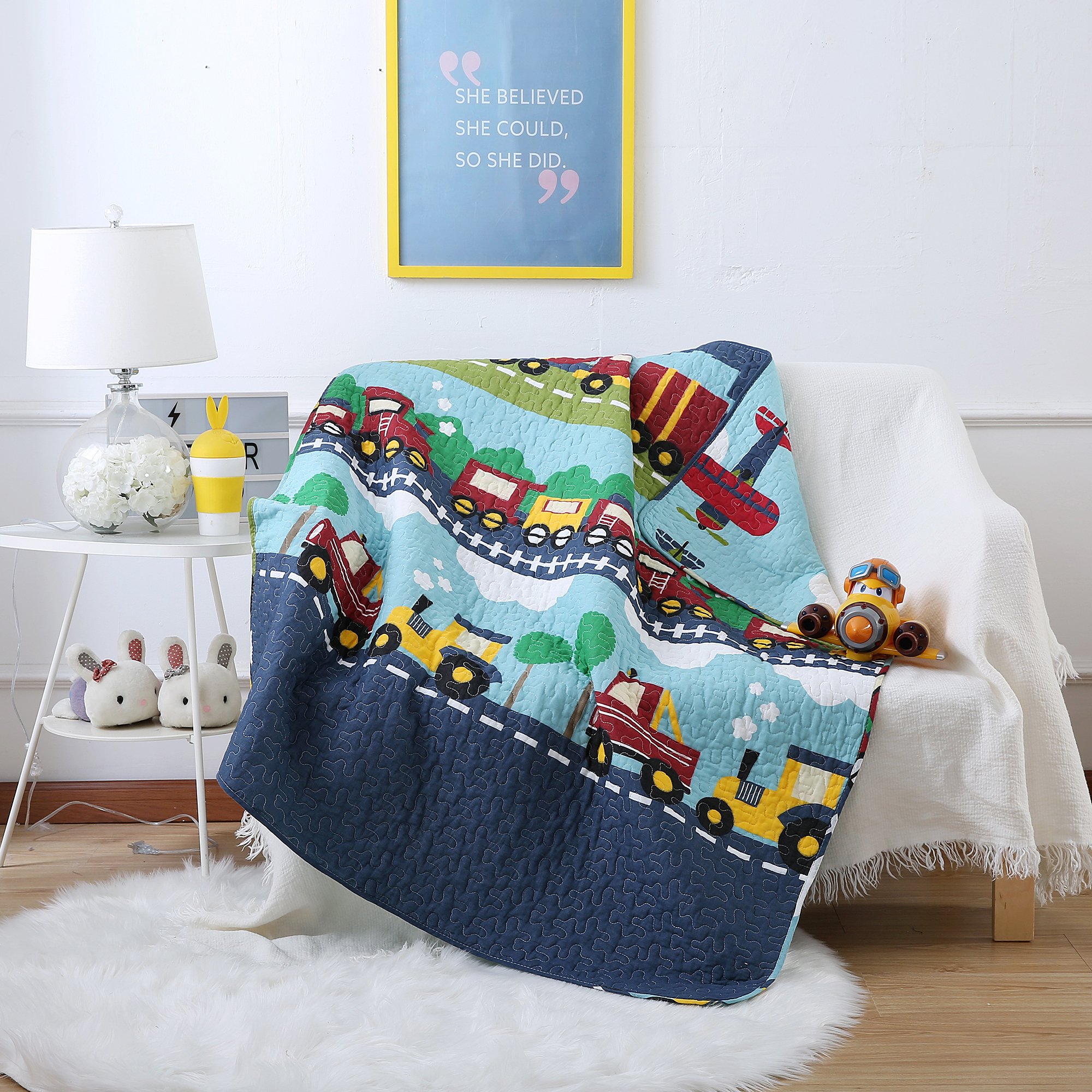 USTIDE Baby Kids Quilts Cover for Cotbed Reversible Cotton Quilted Throw Blankets 110x130cm, Train