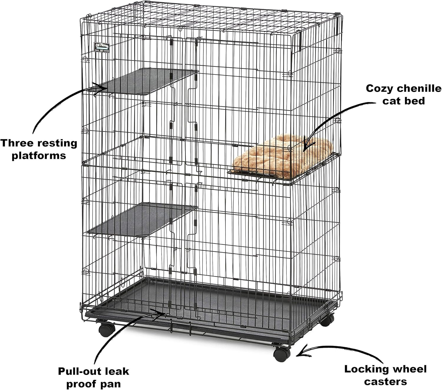 MidWest Cat Playpen / Cat Cage Includes 3 Adjustable Resting Platforms, Removable Leak-Proof Pan, Easy 2-Door Top / Bottom Access & 4-locking Wheel Casters : Pet Kennels : Pet Supplies