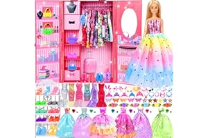 PURPERCAT 150 Pcs Doll Clothes and Accessories Playset with Dolls for Girls, Princess Gowns, Fashion Dresses, Swimsuits, Tops, Pants, Shoes, Bags Jewelrys in Closet for Doll Dress Up Fit for 11.5" Dolls