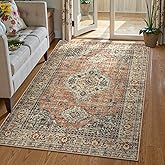 Lahome Oriental Washable Rug, 3x5 Rugs for Bedroom Living Room Entryway, Vintage Ultra-Thin Non-Slip Soft Throw Carpet for Kitchen Office Entrance, Peach/Orange