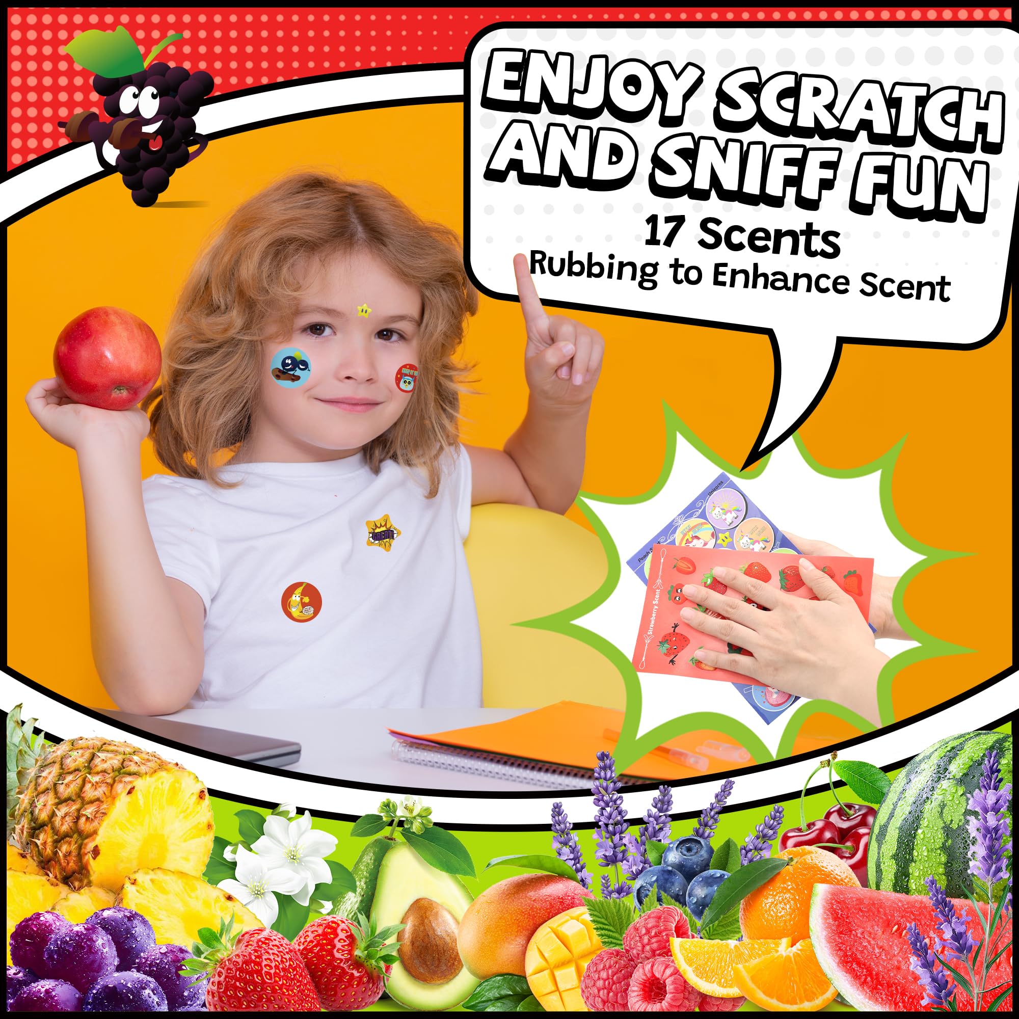 HORIECHALY Scratch and Sniff Stickers, Smelly Stickers for Kids 68 Sheets 17 Scents, 1000+ Cute Scented Pattern of Food Fruit Flower, Classroom Reward for Teachers, Holiday Gift for Little One.