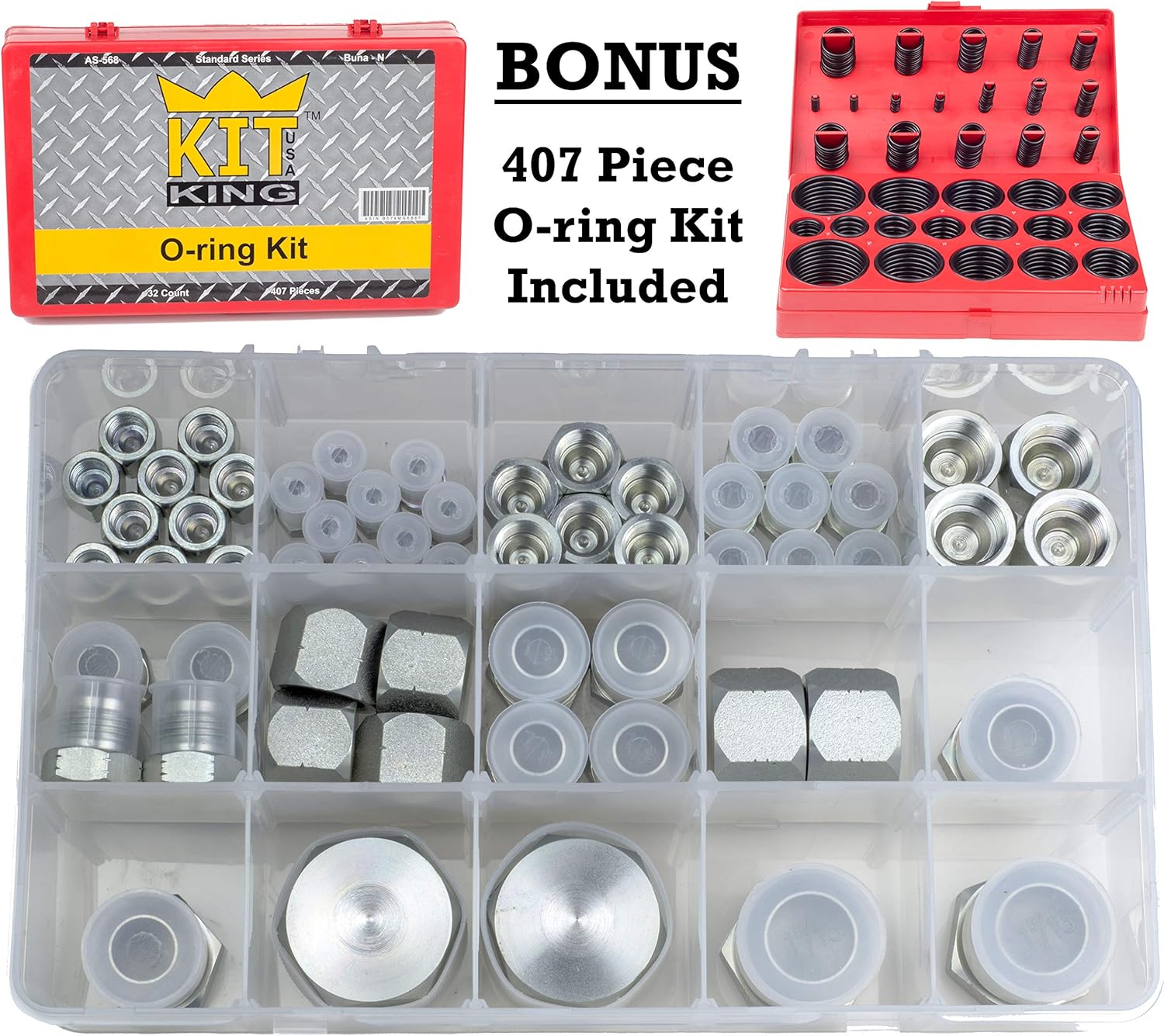 Kit King USA 64pcs JIC Caps Plugs 37 Deg Flare and SAE 407pcs Oring Kit