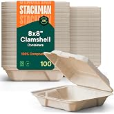 100% Compostable Clamshell Take Out Containers - 8x8 [100-Pack] Heavy Duty | Togo Boxes for Food, Single Compartment, Secure Snap Hinged Lid, Disposable Bagasse Eco-Friendly Takeout Box, Stack Man