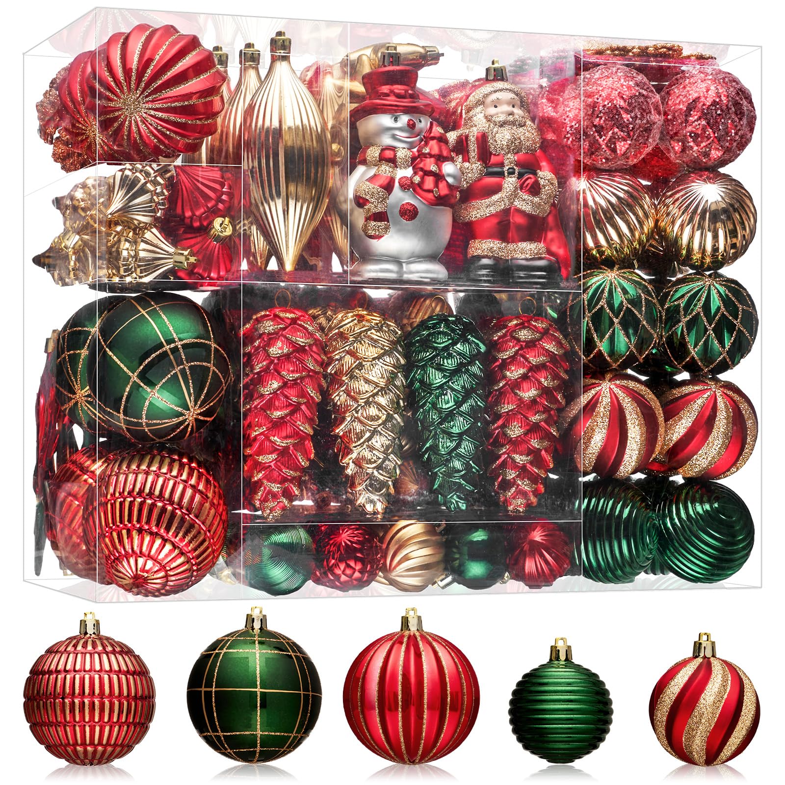 Photo 1 of JORNOY 179PCS Christmas Tree Ornaments, Shatterproof Plastic Decorative Baubles for Xmas Tree Decor Home Party Christmas Decorations with Lanyard, Red & Green & Gold