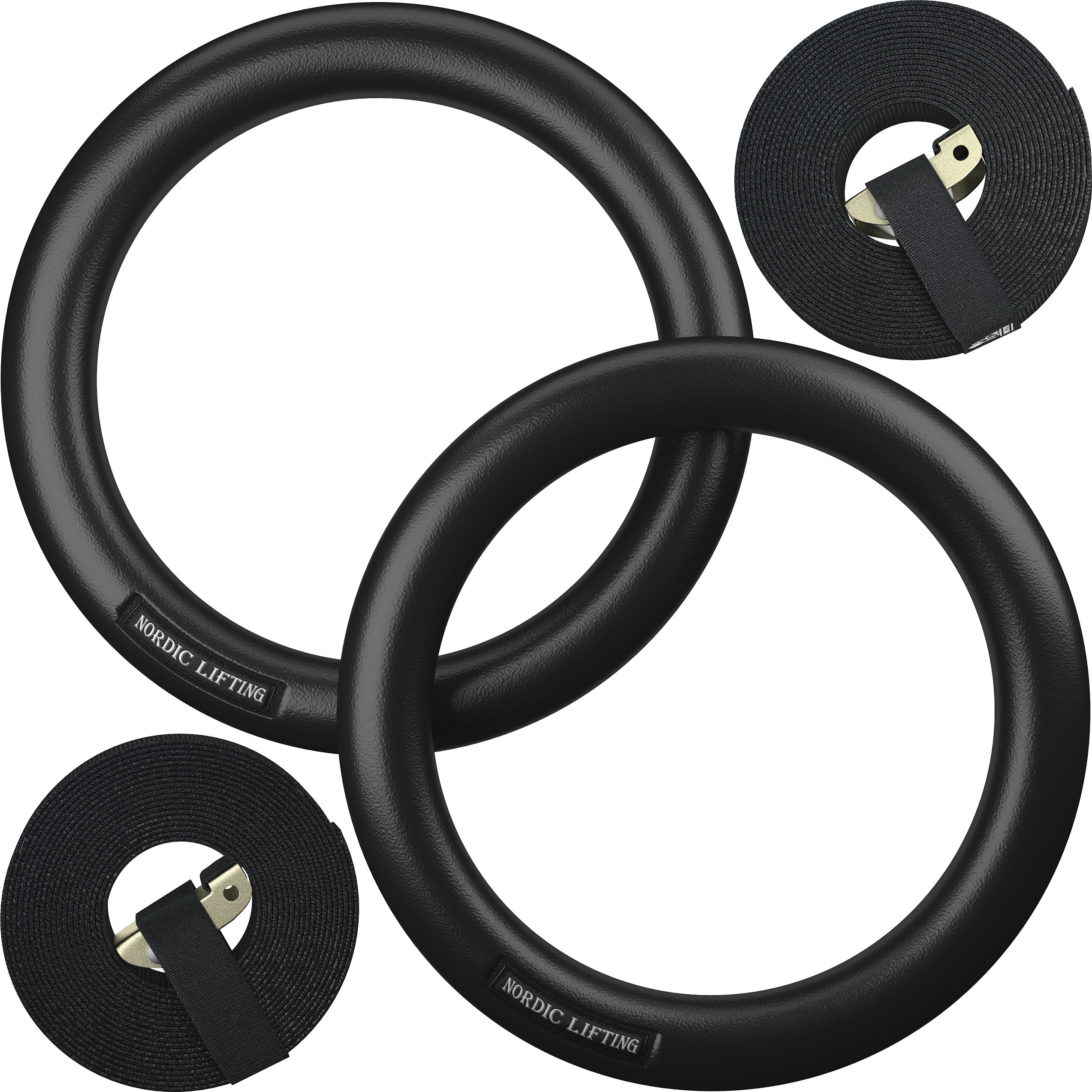 Nordic Lifting Gymnastic Rings and Straps - HEAVY DUTY for CrossFit, Gymnastics, Strength & Fitness Training - Best Olympic Home Gym Set - PC Plastic is Stronger than Wood (Black)
