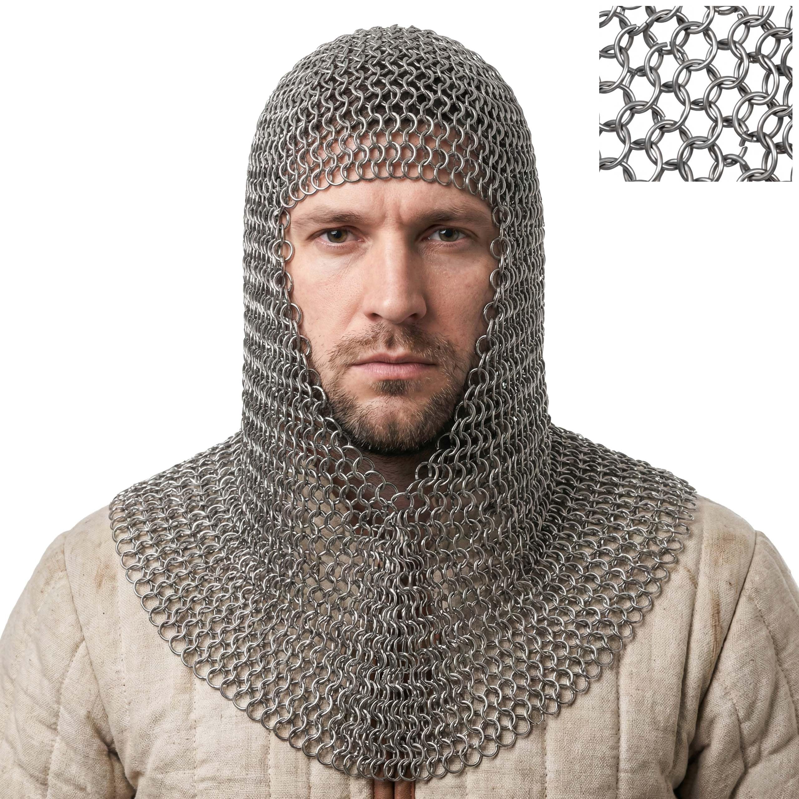 Mythrojan Chainmail Coif Hood 10mm 16Gauge Stainless Steel Heavy Duty Butted Viking Knight Armor for LARP, Cosplay, Renaissance Fairs, Reenactments - Silver, Large — image 1
