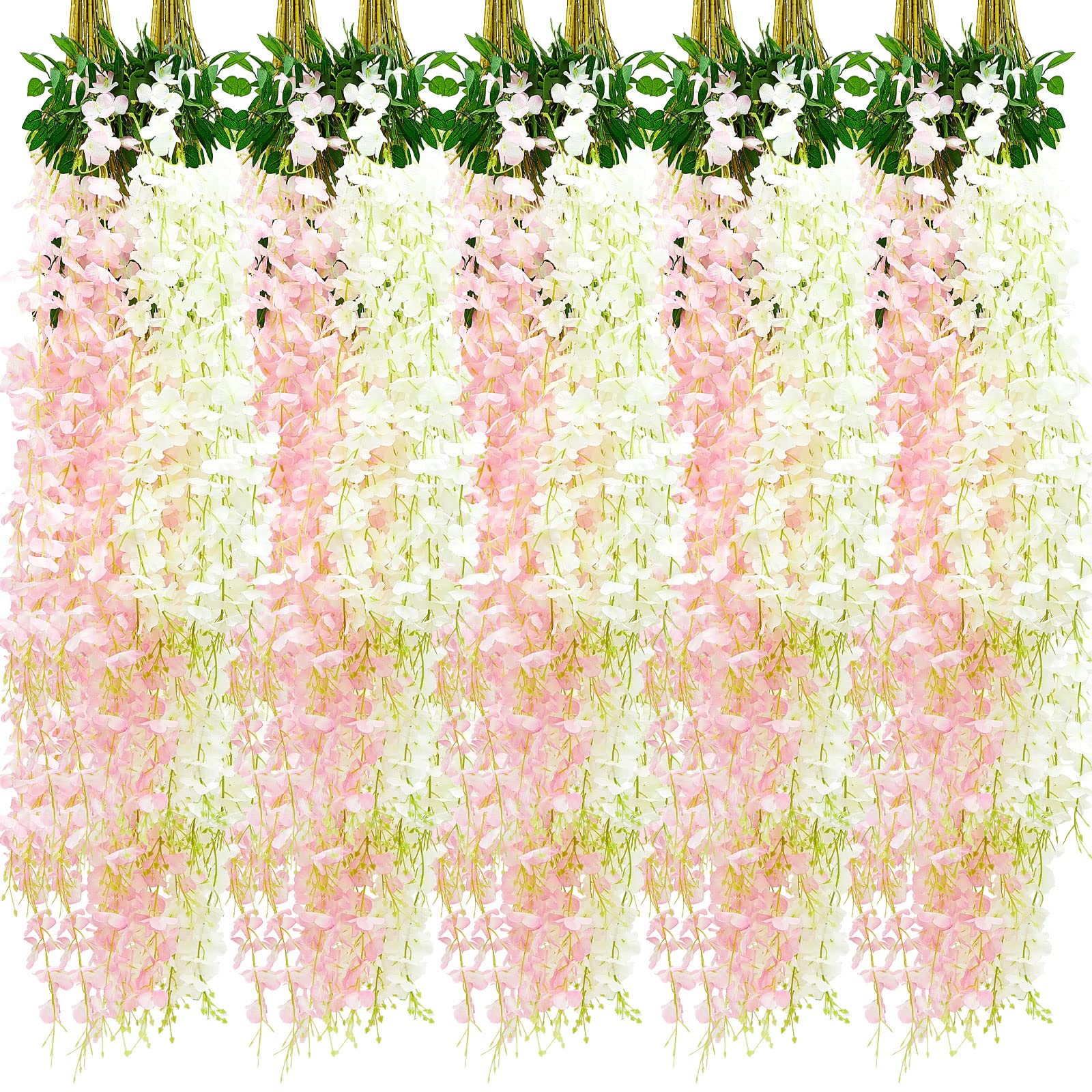 Photo 1 of Giegxin 24 Pcs Artificial Wisteria Hanging Flowers 3.6 ft Artificial Fake Wisteria Vine Rattan Hanging Garland Silk Flowers String for Wall Home Wedding Party Greenery Decorations (Pink,White)