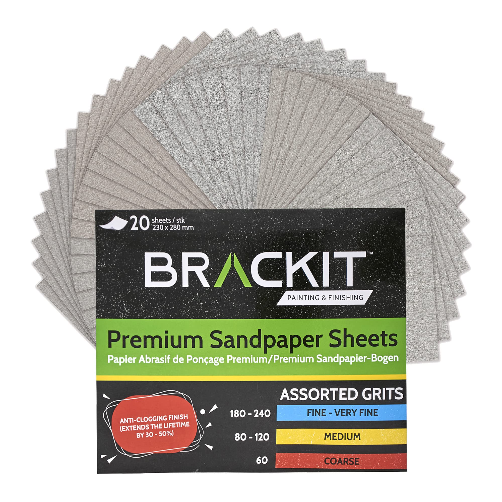 BRACKIT 20 Piece Sandpaper Sheet Set – 4 Sheets per Grit – Assorted Grits 60, 80, 120, 180, 240 – Sandpaper for Wood, Metal, Walls, Plastic – Fine Grit Sandpaper Sheets – Anti-Clogging Finish