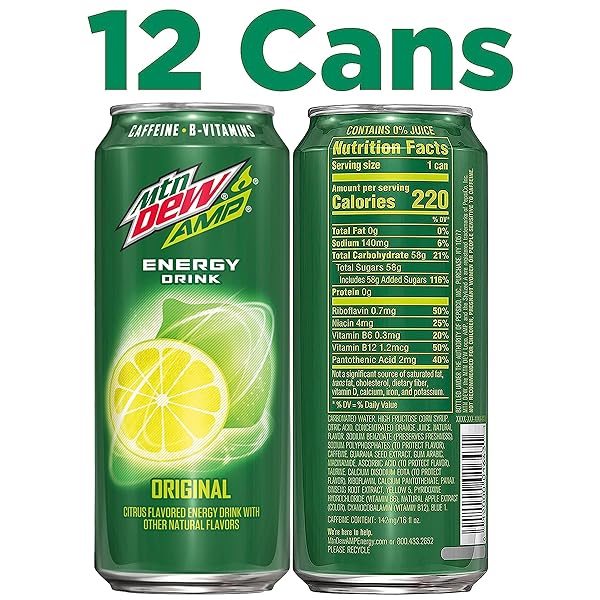 MTN DEW AMP ENERGY, ORIGINAL, ENERGY DRINK WITH CAFFEINE, B VITAMINS, 16 FL OZ CANS (12 PACK)