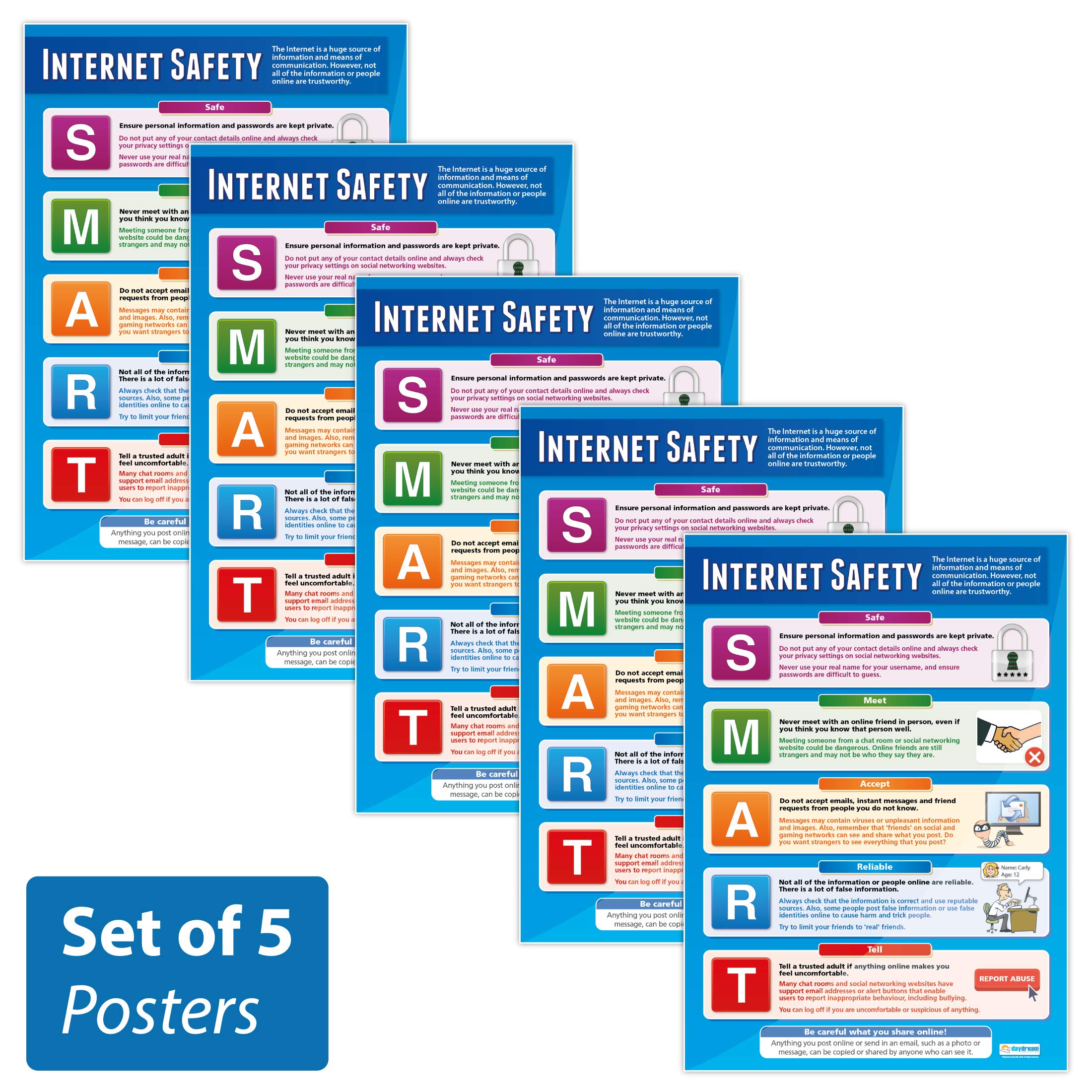 Daydream Education Internet Safety Posters – Pack of 5 | Online Safety School Posters | Gloss Paper 850mm x 594mm (A1) | Internet Safety Classroom Posters | Education Charts