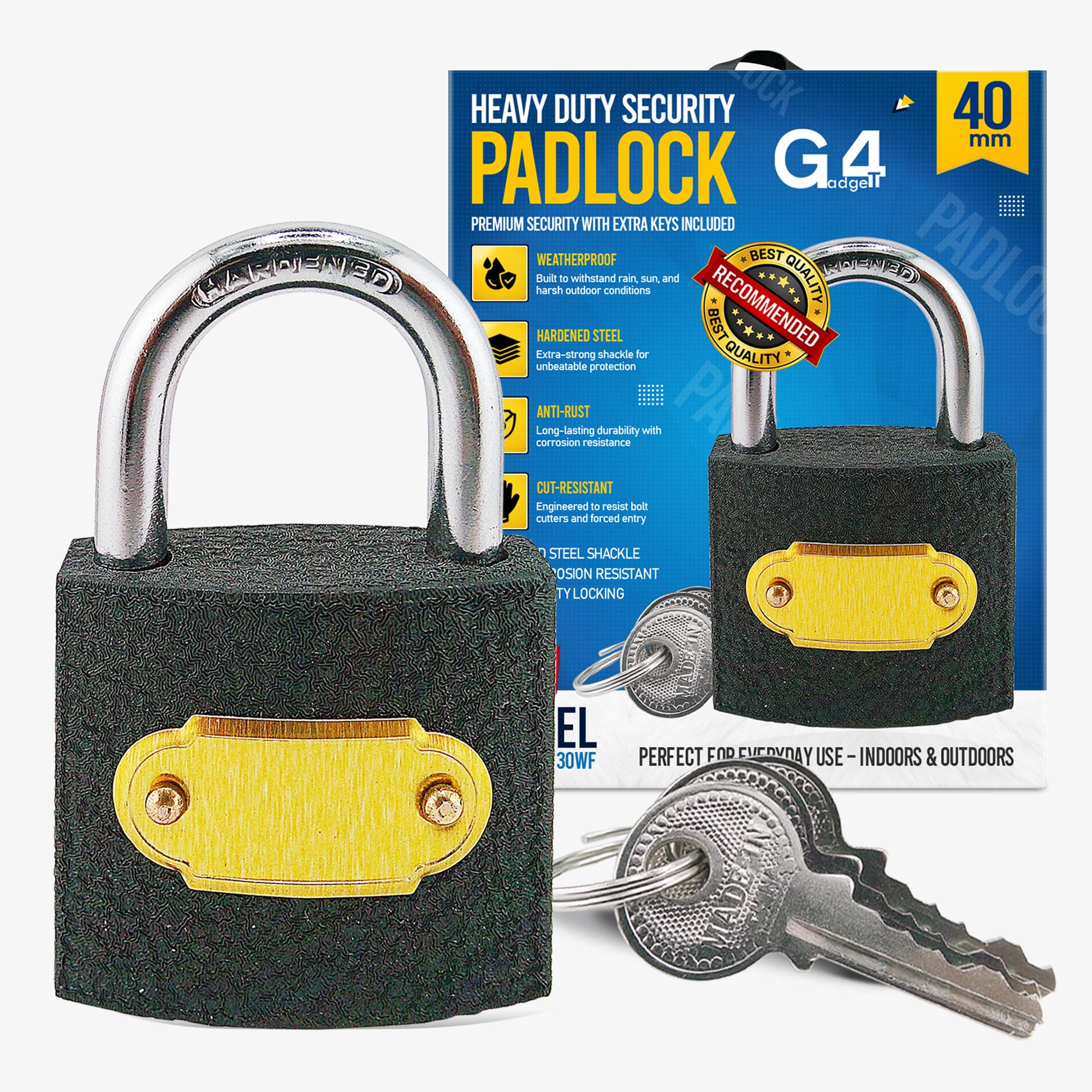 G4GADGET 40mm Heavy Duty Padlock with 3 Keys, Weatherproof Outdoor Lock, Cast Iron Padlock for Shed, Gate, Fence, Garage, and Toolboxes