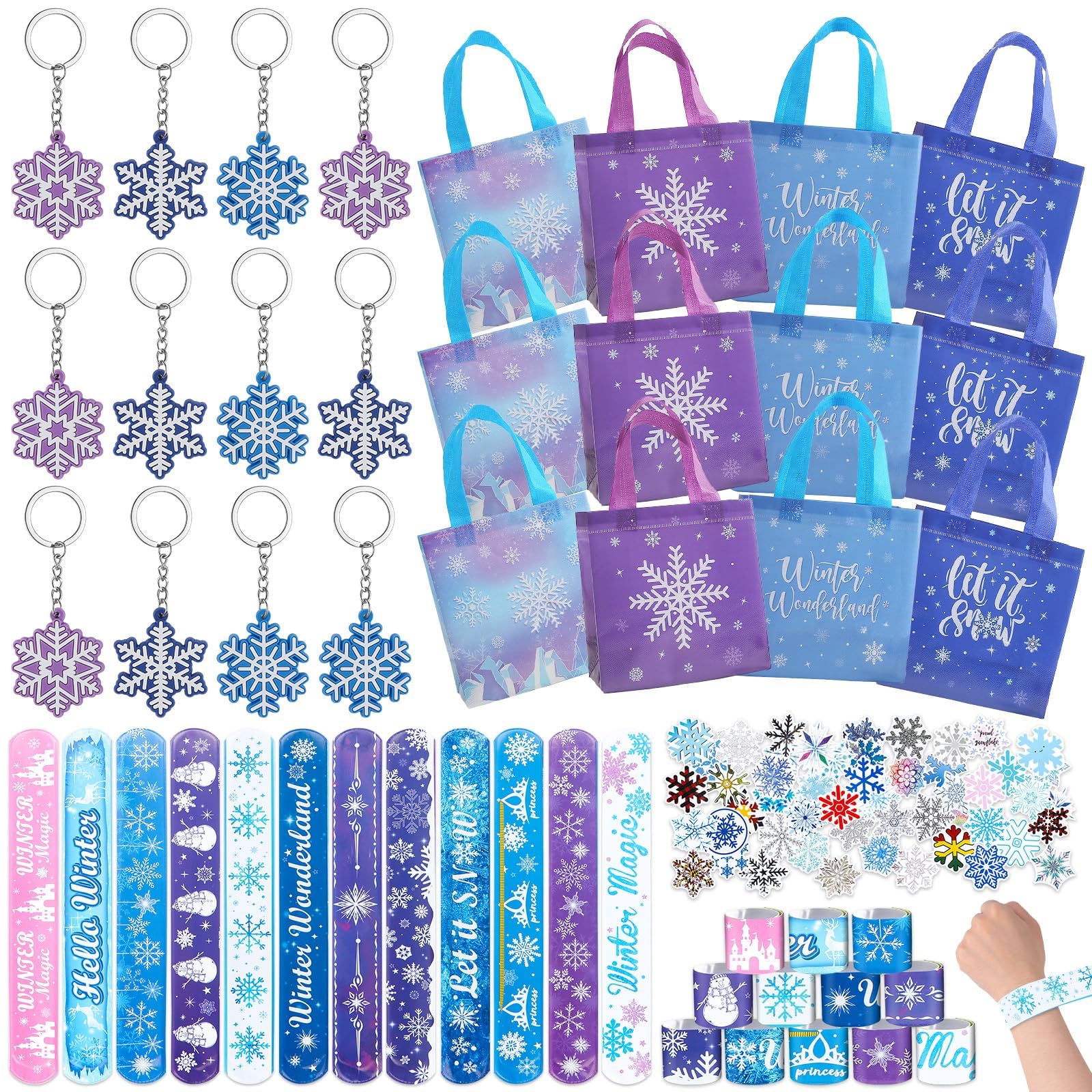 Froze Party Bag Fillers Girls Kids Princess Party Favours- Snowflake Themed Goodie Party Bags Snowflake Stickers Slap Bands Keychains Gift Bags for Pinata Fillers Kids Toy Birthday Gift Party Supplies