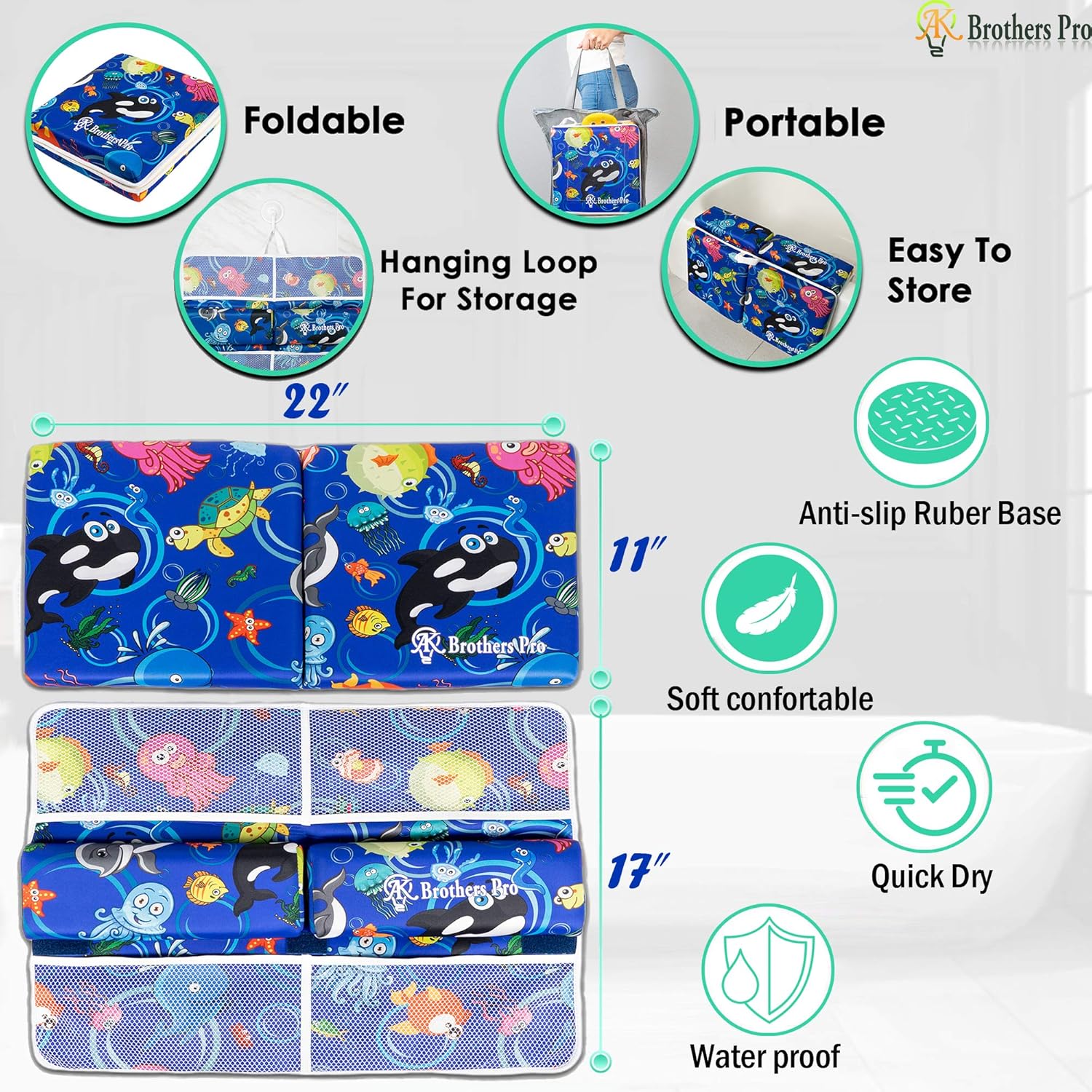 AK Brothers Bath Kneeler with Elbow Rest pad Set, Kneeling Mat with Three Extra Bonuses, Inflatable Spout Cover, Mesh Toys Organizer, 4 Colorful Decorative Tub Mats Toys in Tote Bag. Baby Shower Gift : Baby