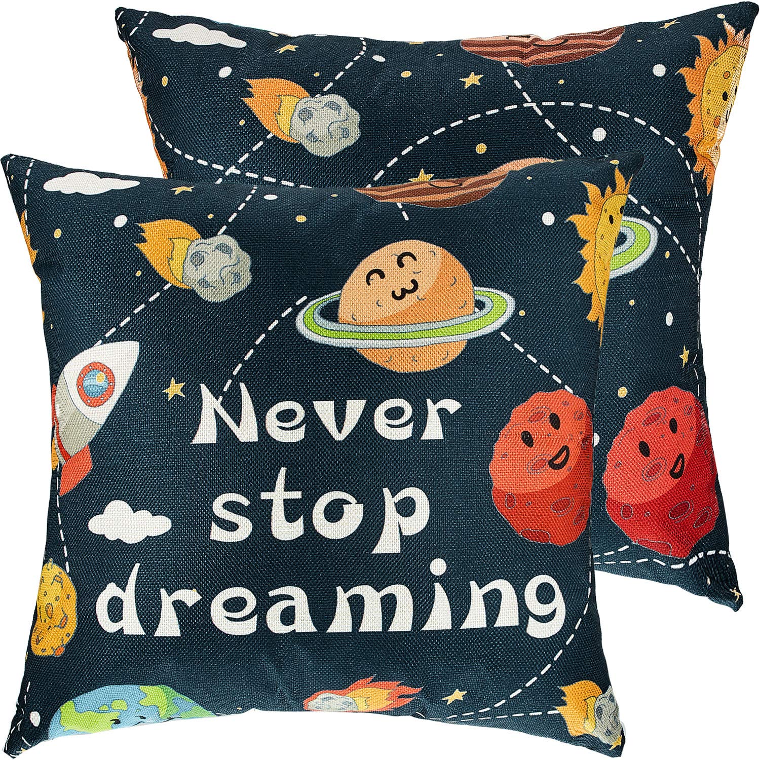 2 Pcs Space Cushion Cover Moon Star Planet Pillow Case Never Stop Dreaming Cushion Cover Solar System Outer Square Pillowcase Novelty Gift for Living Room Bedroom Accessories Sofa Chair, 45 x 45 cm