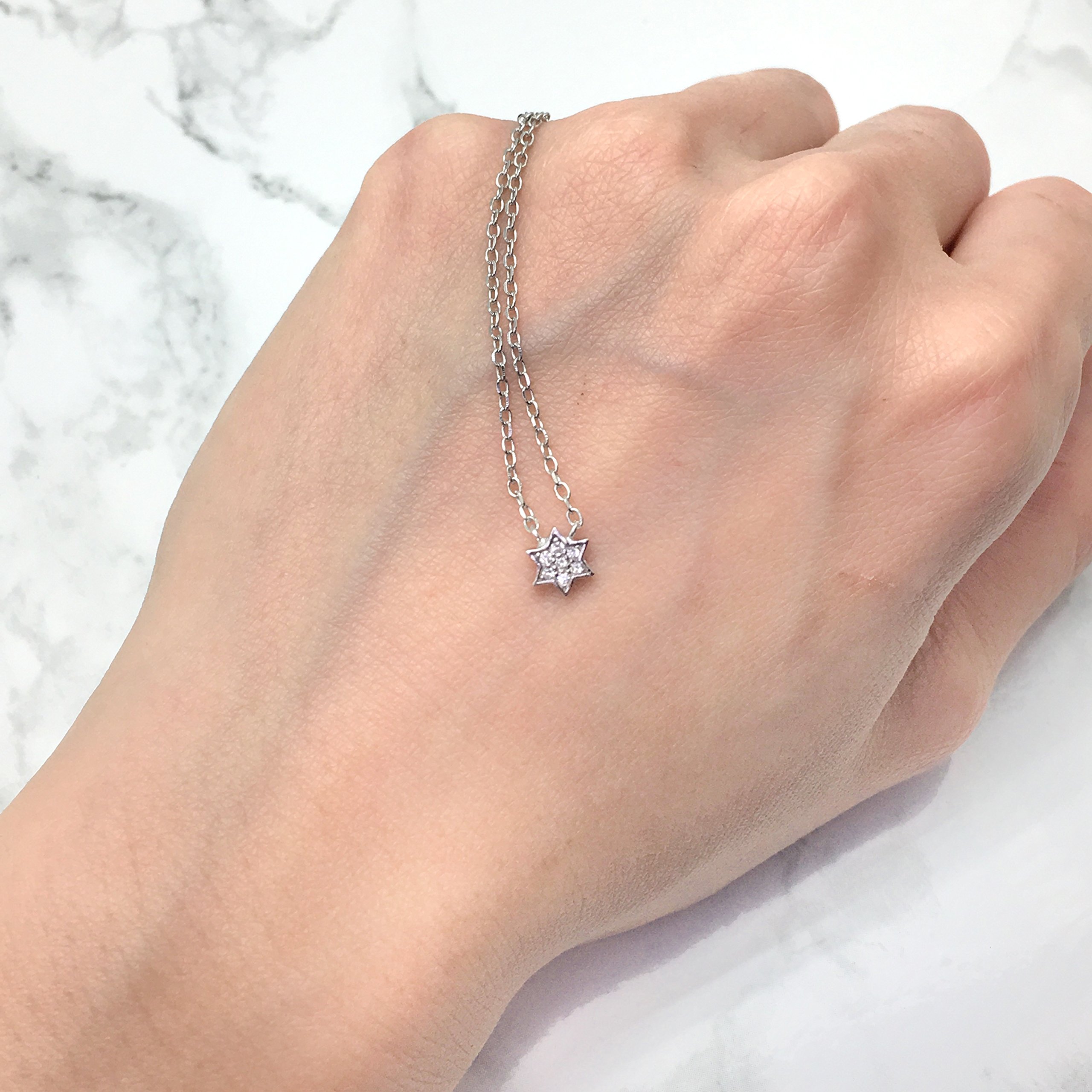 Rhodium-Plated Sterling Silver Cubic Zirconia Pave Mini 6 Point Star of David Chain Necklace, 18\