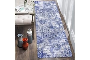 Lahome Vintage Medallion Hallway Runner Rug - 2x6 Non-Slip Washable Kitchen Runner Rug Low-Pile Soft Throw Laundry Room Rug Blue Print Distressed Carpet Runner for Entry Bedroom Bathroom Living Room