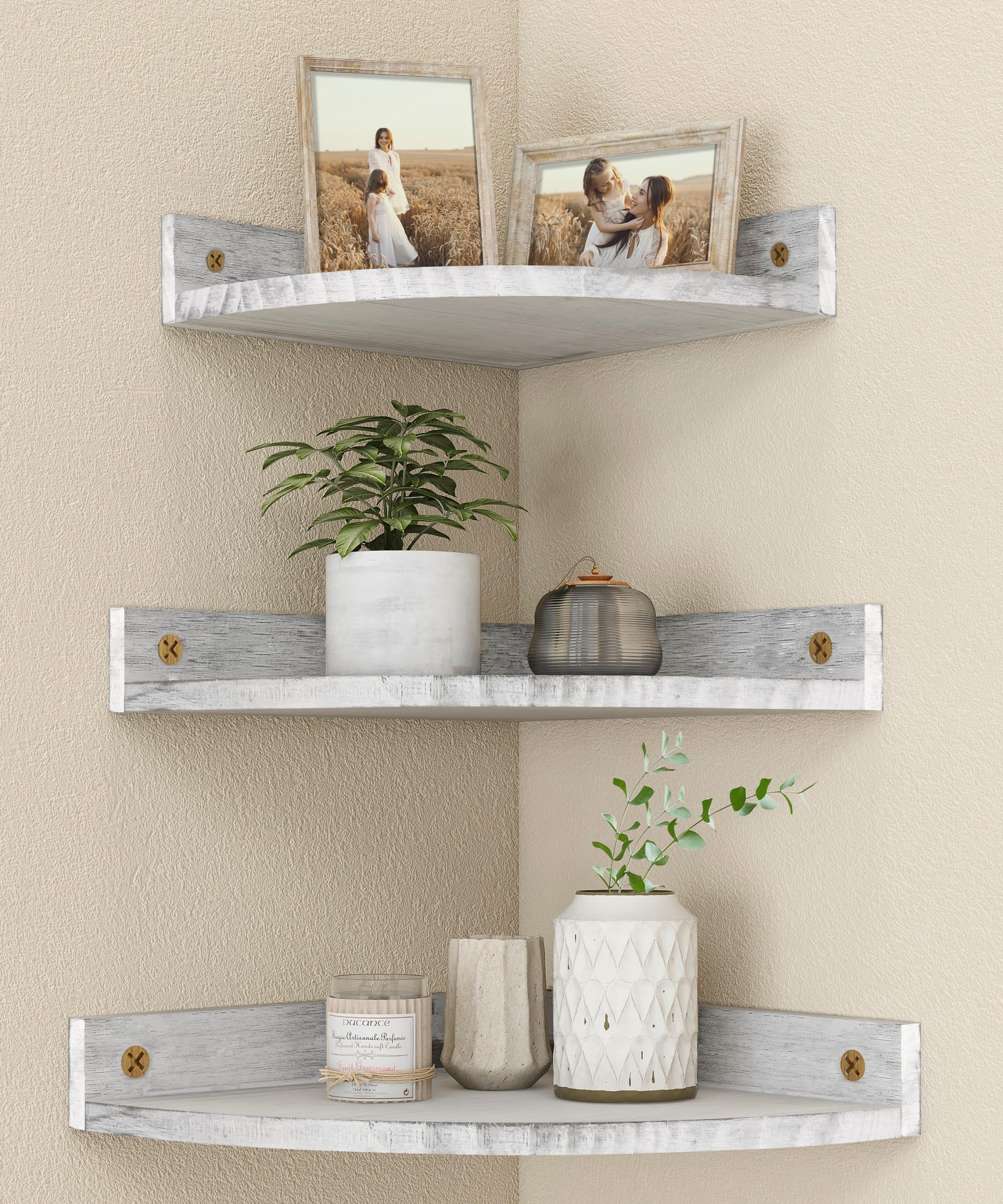 Petrala Corner Shelf Hanging Wall Mounted White Floating Shelves Rustic Corner Wall Shelf for Display Storage Decor Plant Set of 3 Shelving Unit for Bathroom Living Room Bedroom Kitchen