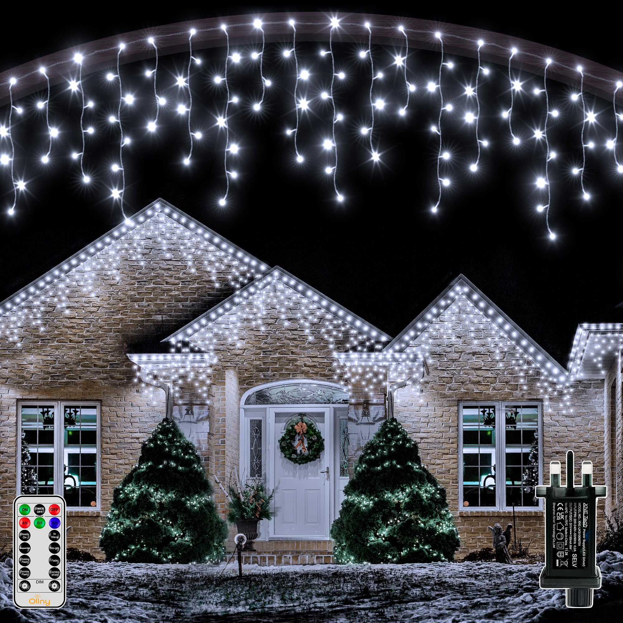 Ollny Icicle Outdoor Christmas Lights, 12.6M 504LED Waterproof Hanging Fairy Lights Cool White String Light, Plug/Remote/8 Modes/Timer/Connectable, Lighting Outside Gutter House Roof Xmas Decorations
