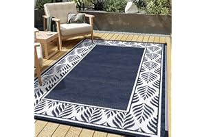 HUGEAR Outdoor Plastic Straw Rug, Waterproof Mat, Washable Large Floor Mat and Rug for Outdoors, RV, Beach, Patio, Camping, Backyard, Deck, Picnic, Outside (5x8ft,Olive-Leaf/Dark Blue&White)