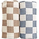 Ultra Soft Checkered Muslin Baby Blanket Pack of 2 Cotton Swaddles Bed Blankets for Babies and Toddlers Boys Newborn 42 x 42 inches (Blue and Coffee)