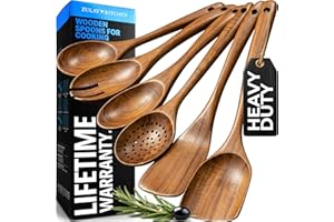Zulay Kitchen 6-Piece Wooden Spoons for Cooking - Smooth Finish Teak Wooden Utensils for Cooking - Soft Comfortable Grip Wood