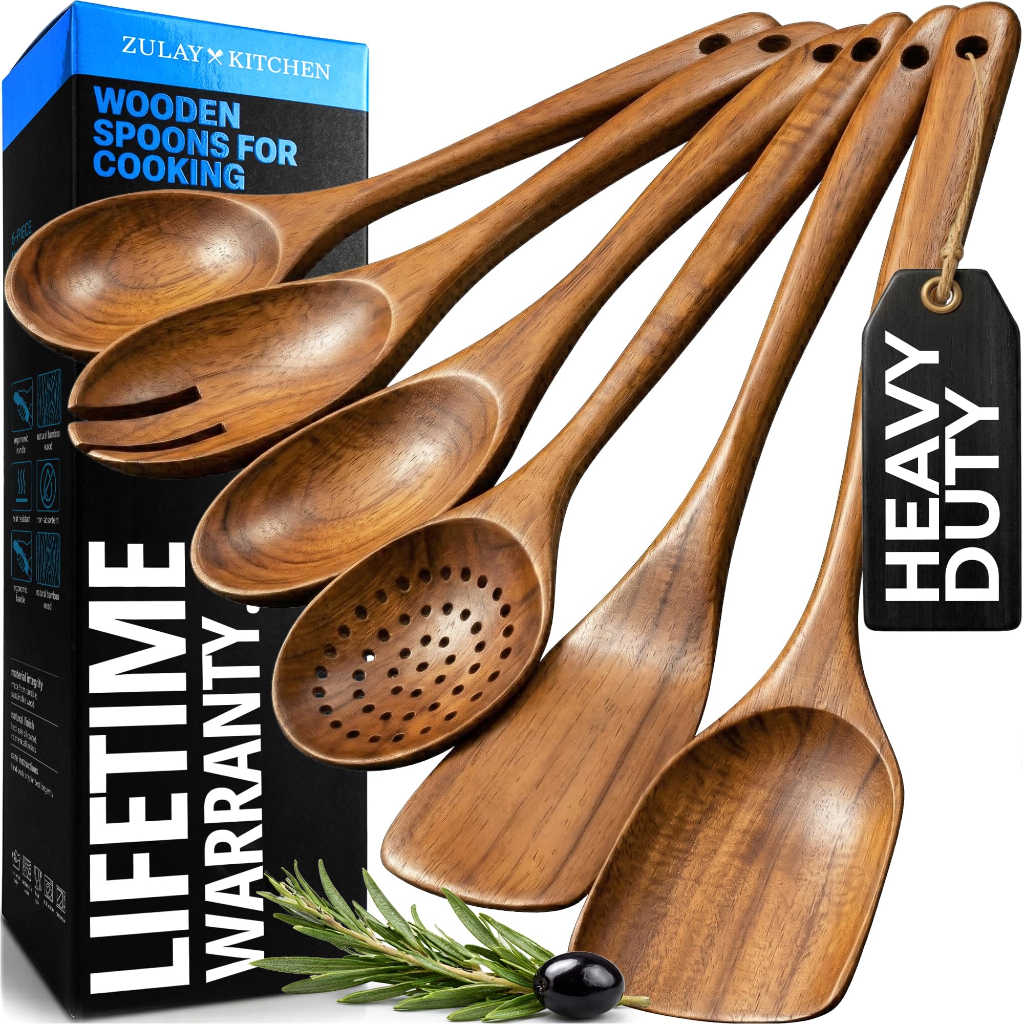 Zulay Kitchen Premium Wooden Utensils for Cooking - 6pc Set Non-Stick Soft Comfortable Grip Wooden Cooking Utensils - Smooth Finish Teak Wood Spoons