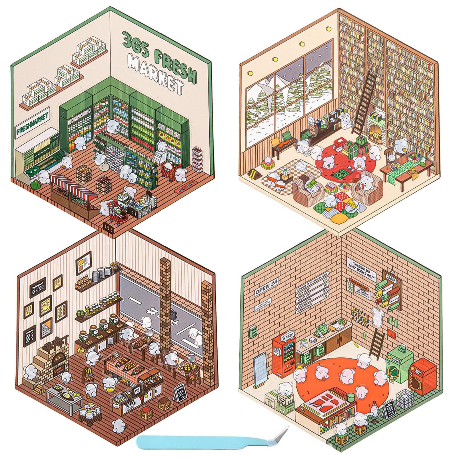 MADGININE 4-Piece 3D Sticker Scene Set - DIY 3D House Stickers with Tweezers - Convenience Store, Bakery, Laundry, Study - Stress Relief for Adults & Kids