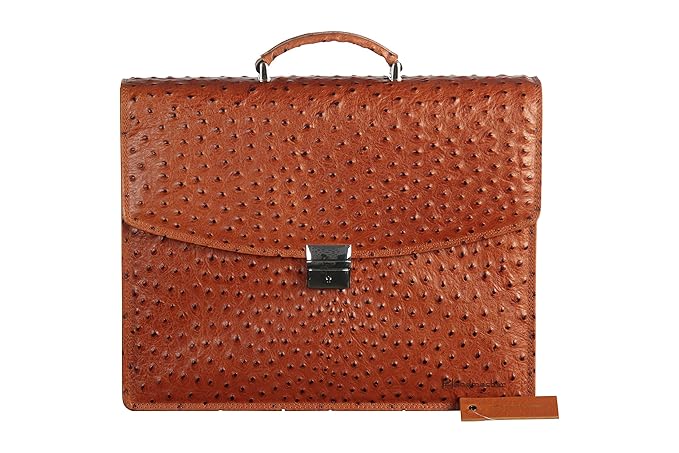 HANDMACHER Aktentasche Kalbs-Leder (Braun) für Damen und Herren: Strauß (Imitat) Arbeitstasche mit Schloss - Dokumententasche