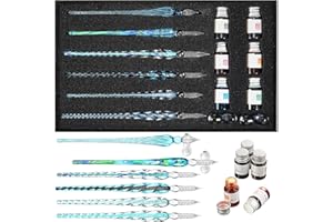 Zonon Glass Dipped Pen Ink Set 14 Pcs Include 6 Pcs Glass Dip Pen, 6 Colorful India Ink and 2 Holder Crystal Signature Calligraphy for Art, Writing, Gift(Blue Color System)