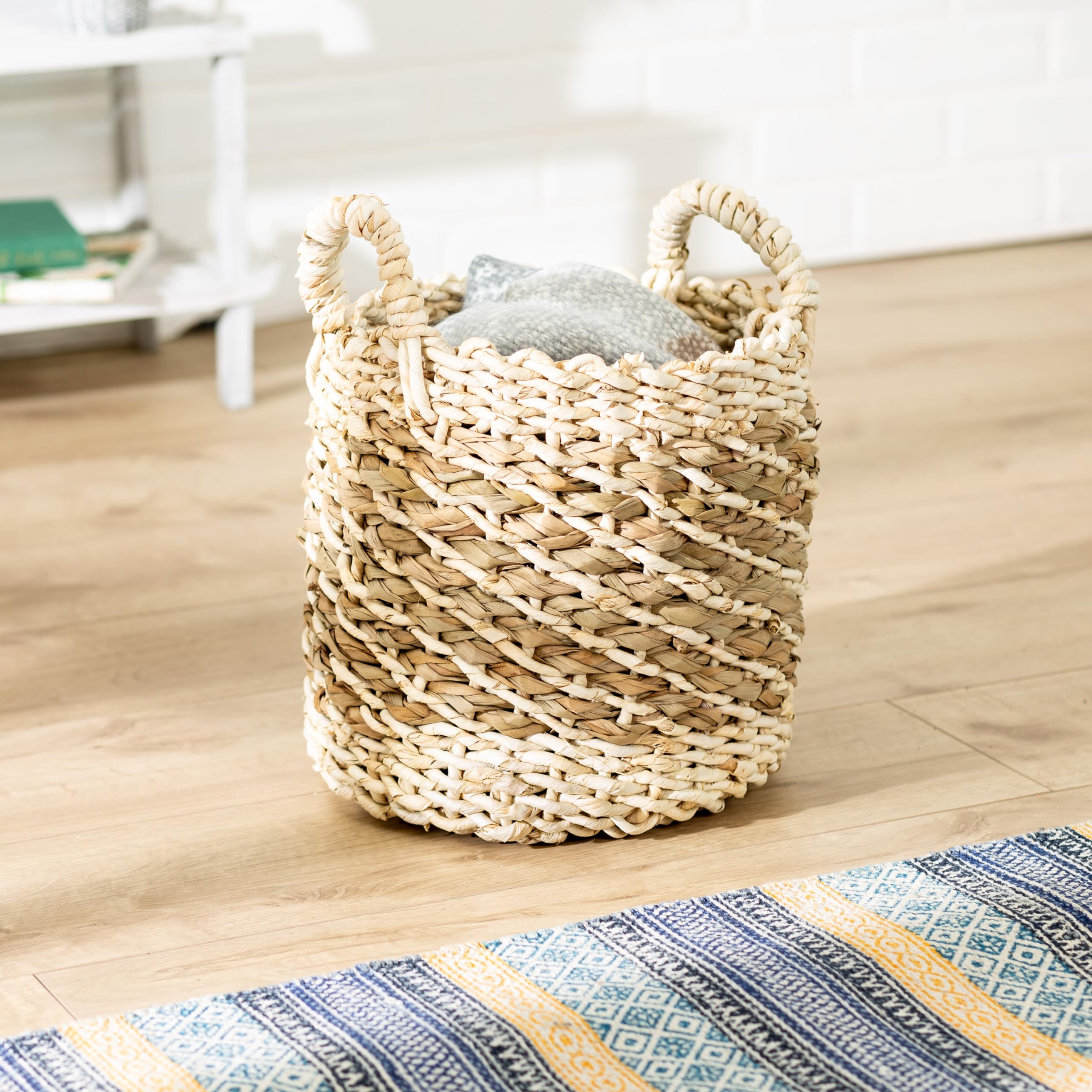 Honey-Can-Do Small Tea Stained Woven Natural Basket with Handles, Seagrass & Maize