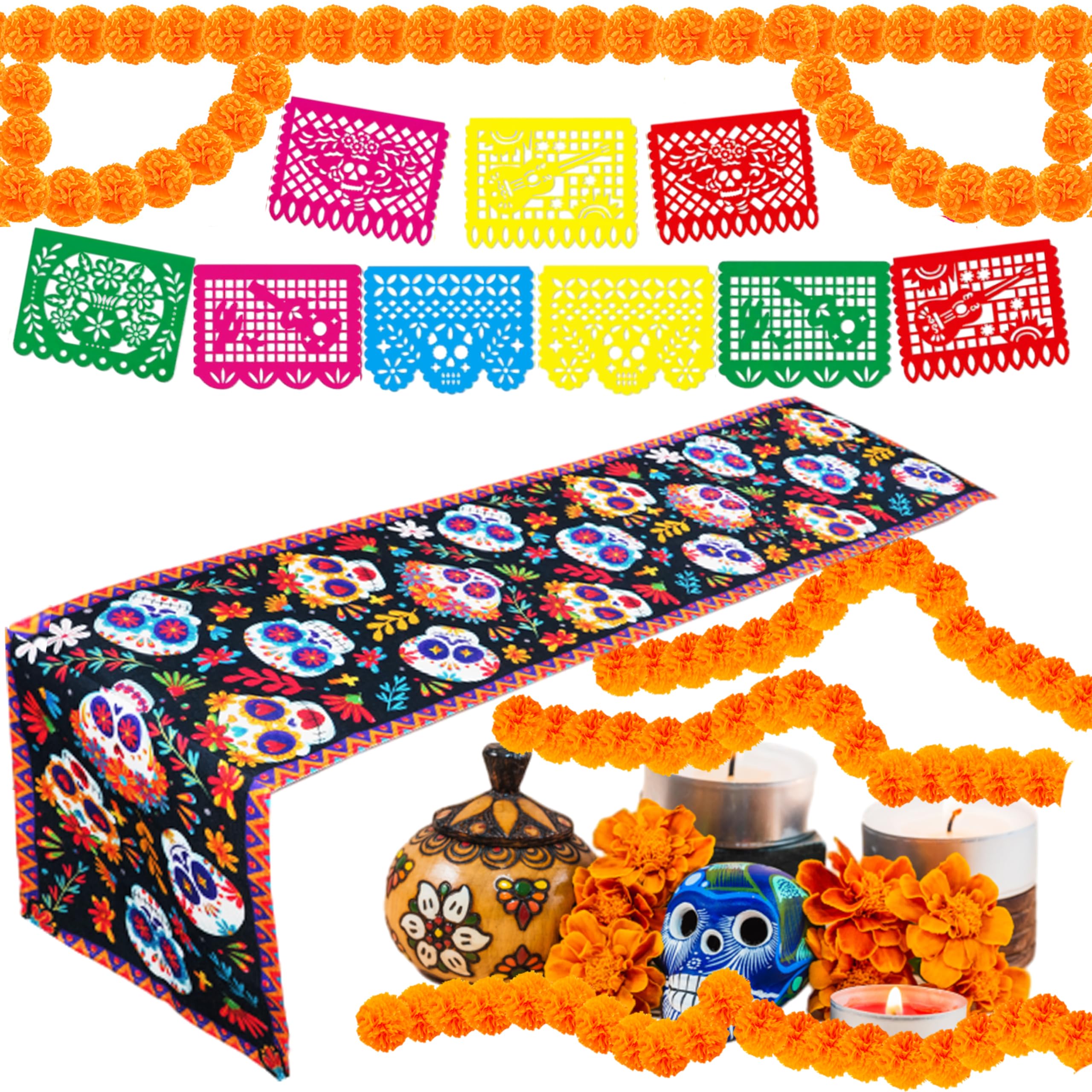 Photo 1 of 2 Pcs 9.8 Ft Marigold Garlands with 60Pcs Flowers, Marigolds Artificial Flowers for Day of The Dead Decorations, 9 Pcs Papel Picado Banner and 1 Sugar Skull Table Runner for Dia De Los Muertos Diwali
