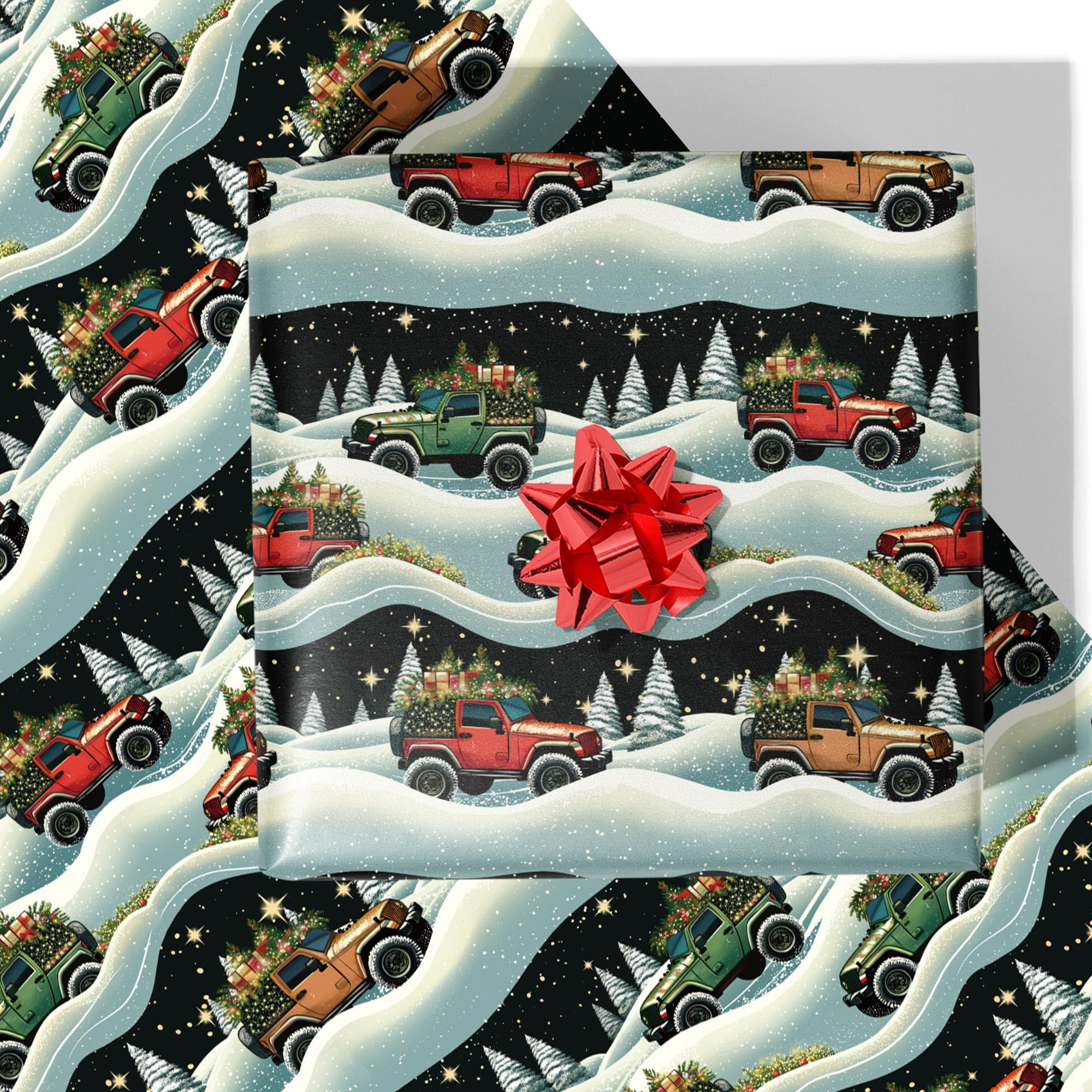 Photo 1 of *2 pack* RiukRaiu Truck Christmas Wrapping Paper for Kids Aldult - Retro Xmas Gift Wrap White Snow, Green Tree, Red Yellow Vintage Winter Holidays Designs - 4 Jumbo Sheets, 40 X 28 Inches Each