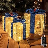 Ccinny Christmas Decorations, Set of 3 Christmas Lighted Gift Boxes, Pre-lit 60 LED Light Up Present Boxes Warm White Xmas Ornaments for Indoor Outdoor Yard Lawn Home Decor (Blue Bow)