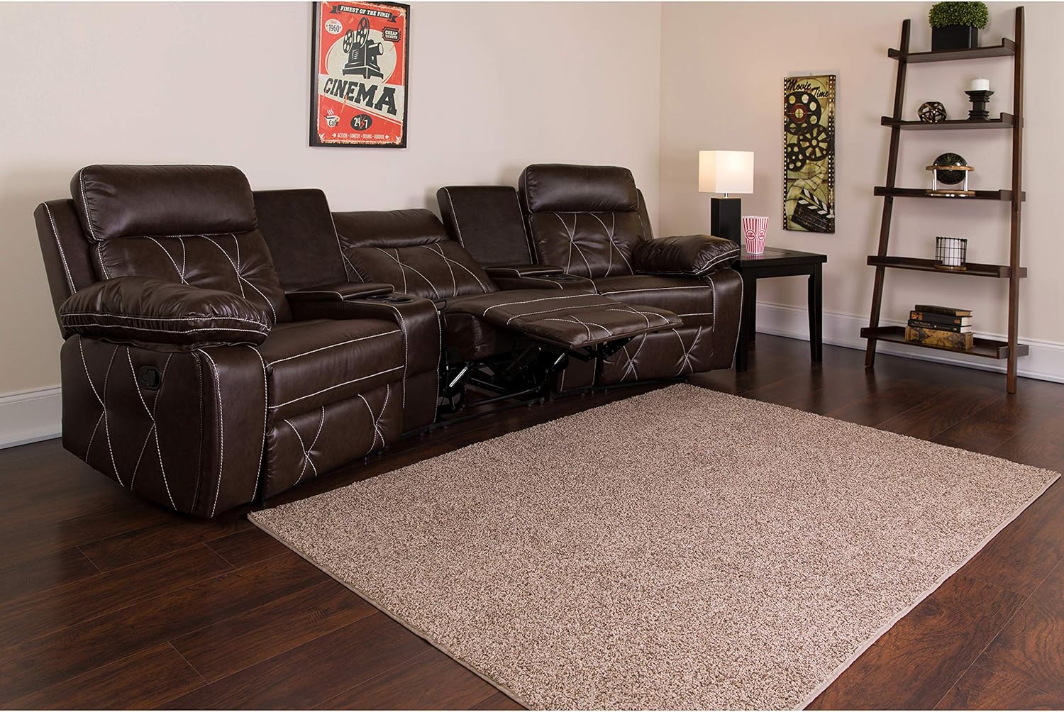 Flash Furniture Reel Comfort Series 3-Seat Reclining Brown LeatherSoft Theater Seating Unit with Curved Cup Holders: Furniture & Decor
