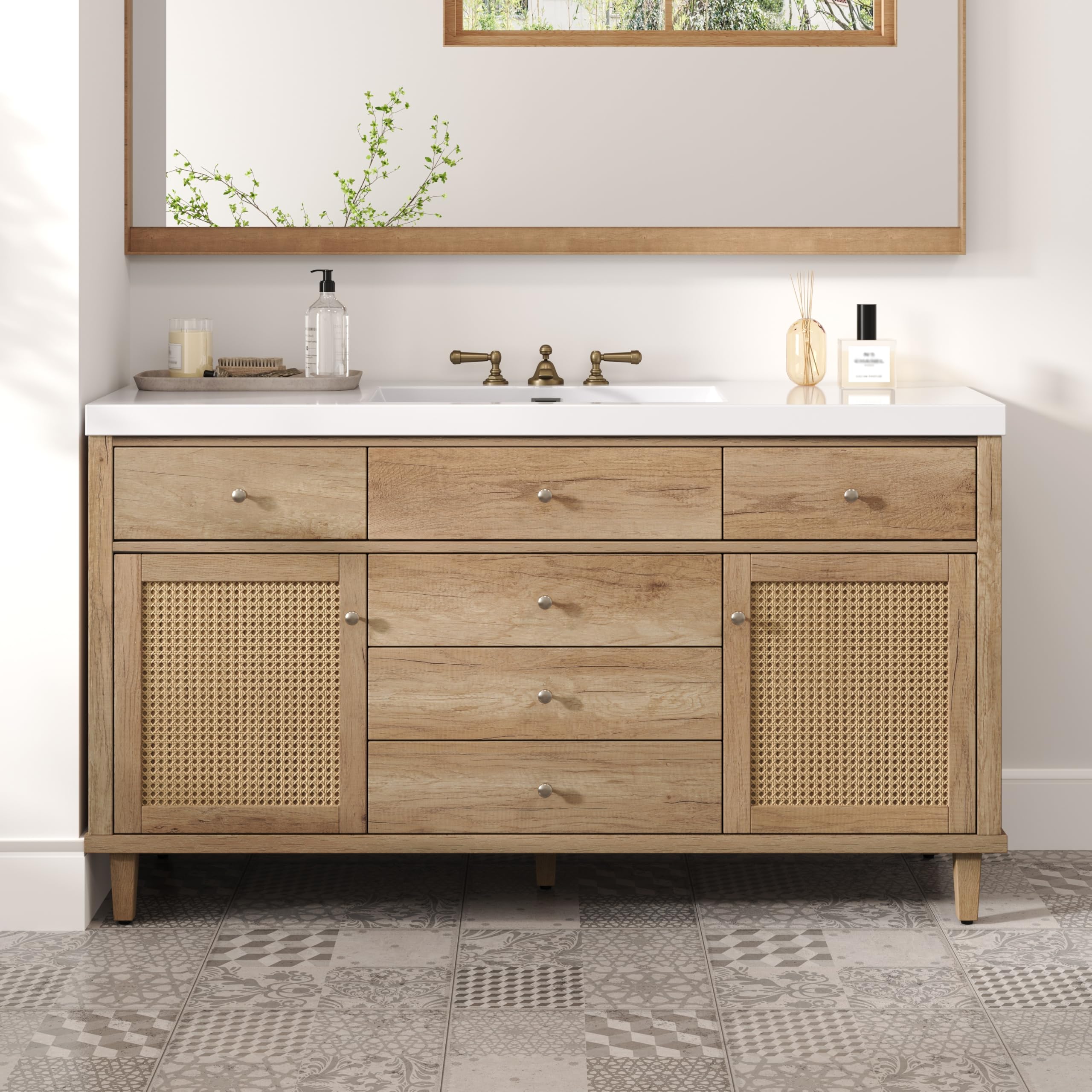 Photo 1 of ***02 BOXES***Merax 60" Bathroom Vanity with SMC Sink, Modern Large Bathroom Storage Cabinet with Soft Close Drawers and Rattan Doors, Silver Metal Knobs and 5 Pine Legs,Natural