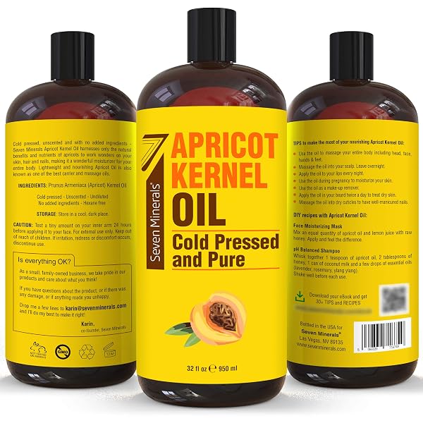 SEVEN MINERALS PURE COLD PRESSED APRICOT KERNEL OIL – BIG 32 FL OZ BOTTLE – NON-GMO, HEXANE FREE, NATURAL & LIGHTWEIGHT MOISTURIZER FOR ALL SKIN TYPES – PERFECT OIL FOR MASSAGE THERAPY & AROMATHERAPY
