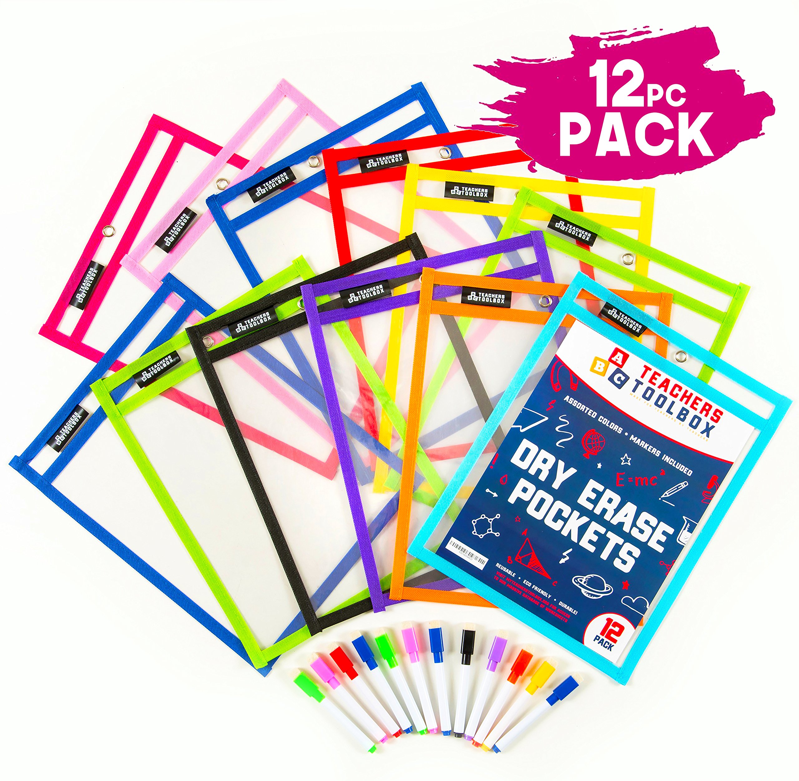 Dry Erase Pockets 12pc Free PENS Write and Wipe Reusable Plastic Sheet